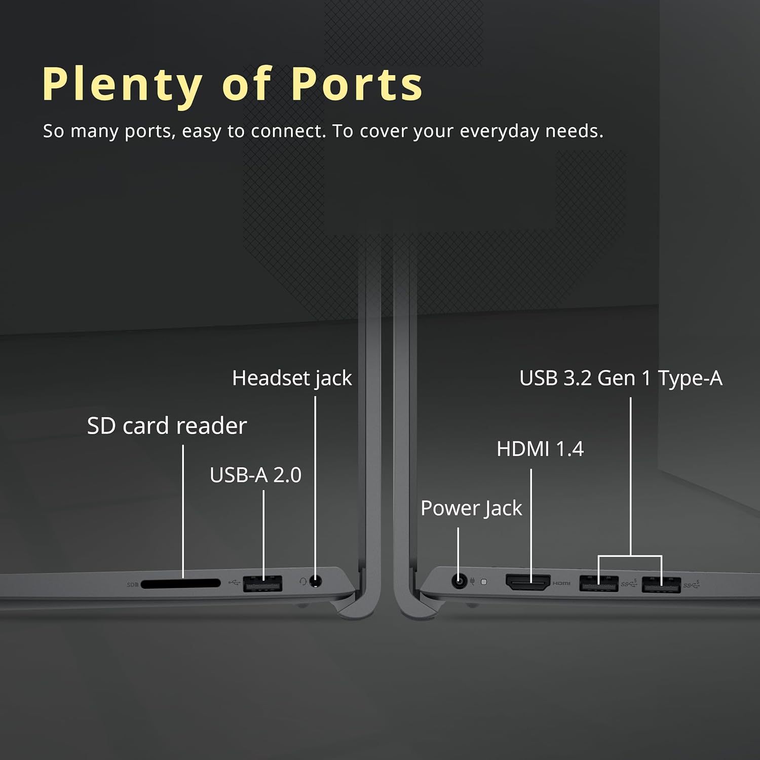 Plenty of Ports

So many ports, easy to connect. To cover your everyday needs.

- Headset jack
- SD card reader
- USB-A 2.0
- USB 3.2 Gen 1 Type-A
- HDMI 1.4
- Power Jack