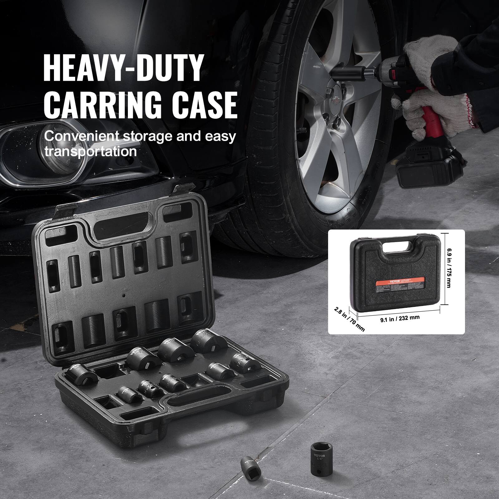 HEAVY-DUTY CARRING CASE Convenient storage and easy transportation 2.8 in/70mm 9.1 in/232 mm 6.9 in/175 mm