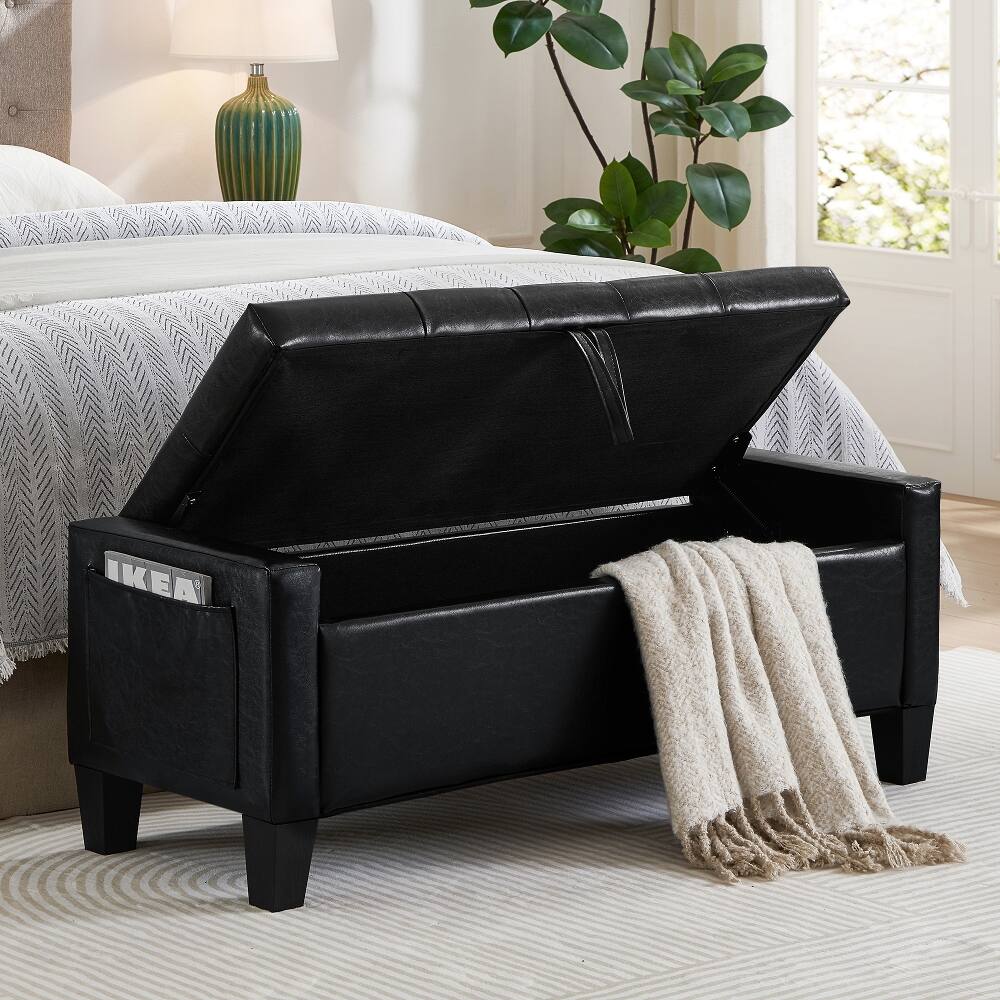 Angle. Ropilly - Ropilly Black Tufted Storage Ottoman Bench with Safety Hinge, Upholstered Entryway Seating for Bedroom, 45 Inch - Black.