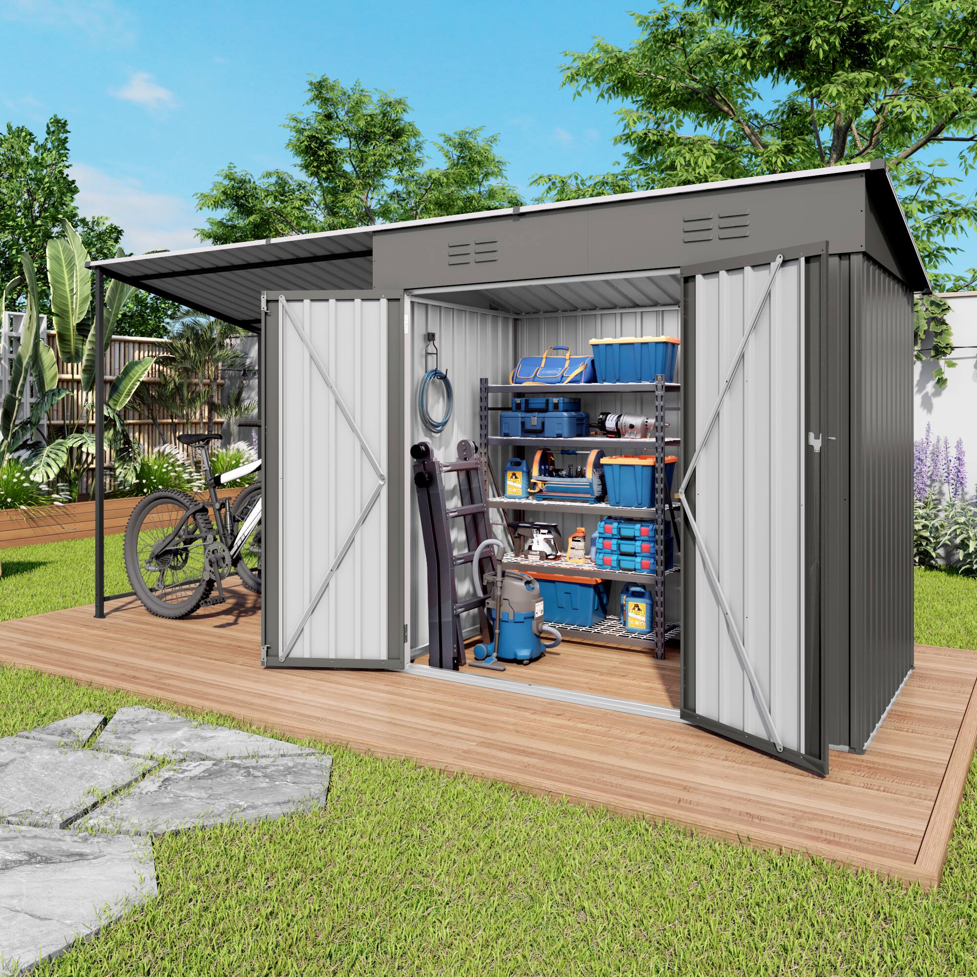 Left. Anysun - 12x4ft 2-in-1 Metal Lean to Shed with Open-Sided Pergola – 4'x6' Outdoor Storage Shed & 6'x4' Attached Hardtop Gazebo - Gray.