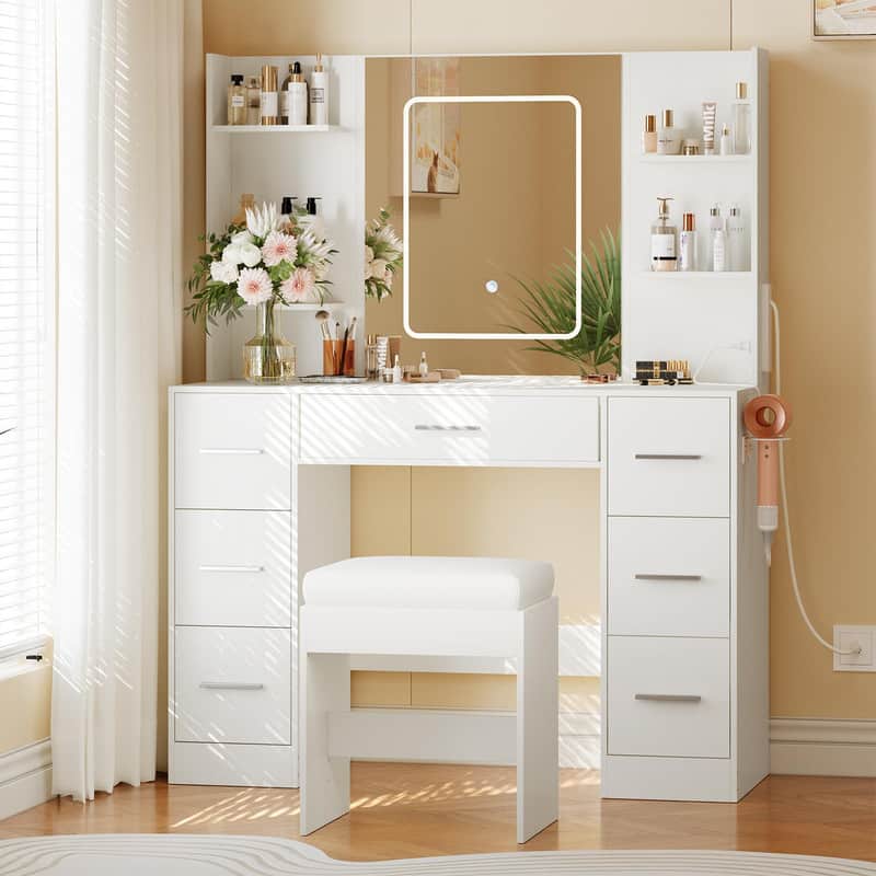 Acekool - Makeup Vanity Table with Mirror, Touch LED Light, Chair, Power Outlet, Drawers & Shelves for Bedroom - White