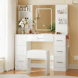 Acekool - Makeup Vanity Table with Mirror, Touch LED Light, Chair, Power Outlet, Drawers & Shelves for Bedroom - White