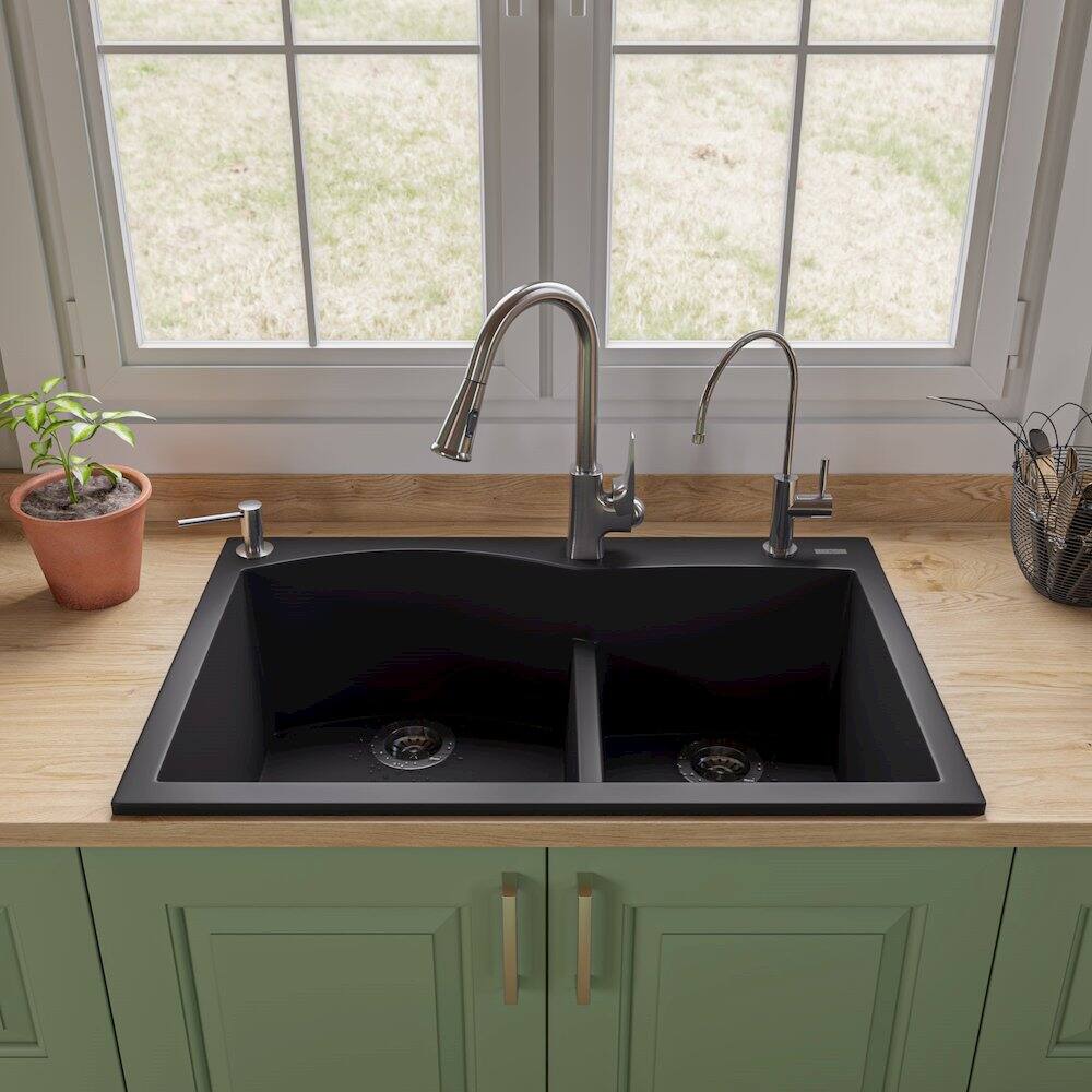 Left. Alfi - Black 33" Double Bowl Drop In Granite Composite Kitchen Sink - Black.