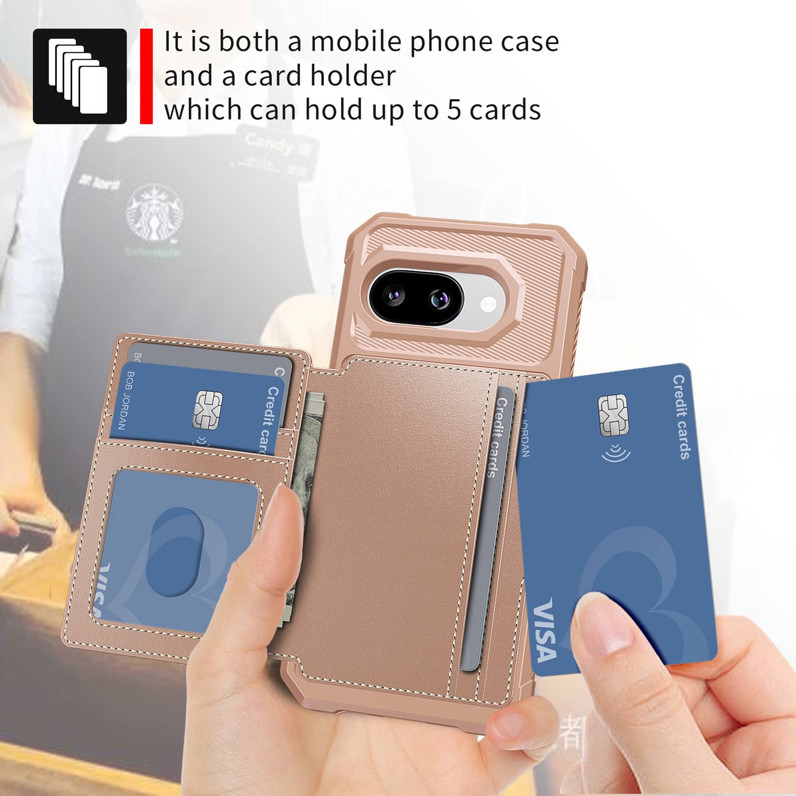 It is both a mobile phone case and a card holder which can hold up to 5 cards.