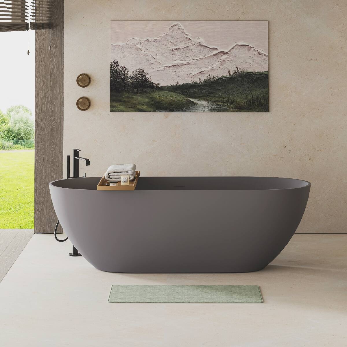 Alt View 3. Loheer - Loheer 63 in Solid Surface Freestanding Soaking Bathtub with Overflow and Pop Up Drain Matte Gray - Matte Gray.