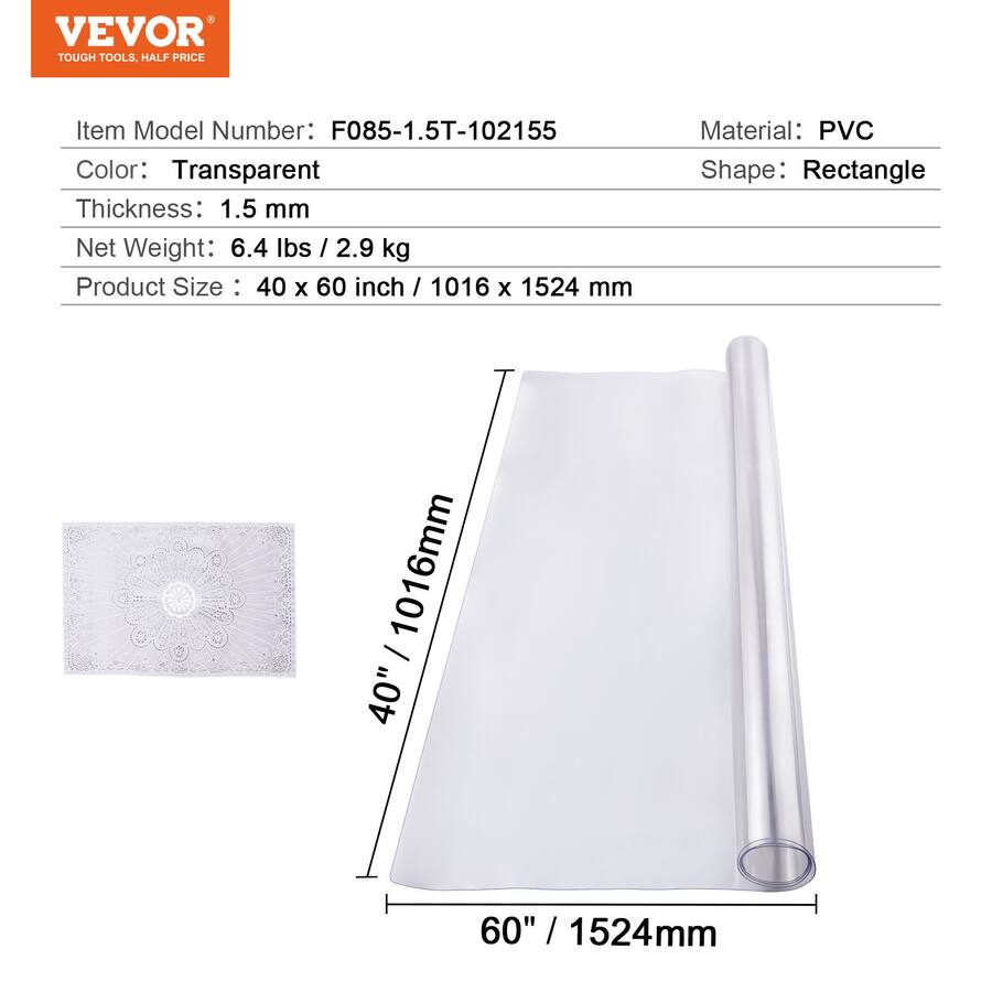 Plastic Rounded Rectangular Table Top VEVOR Plastic Table Cover, 40 x 60 Inch 1.5 mm Thick Clear Table ...