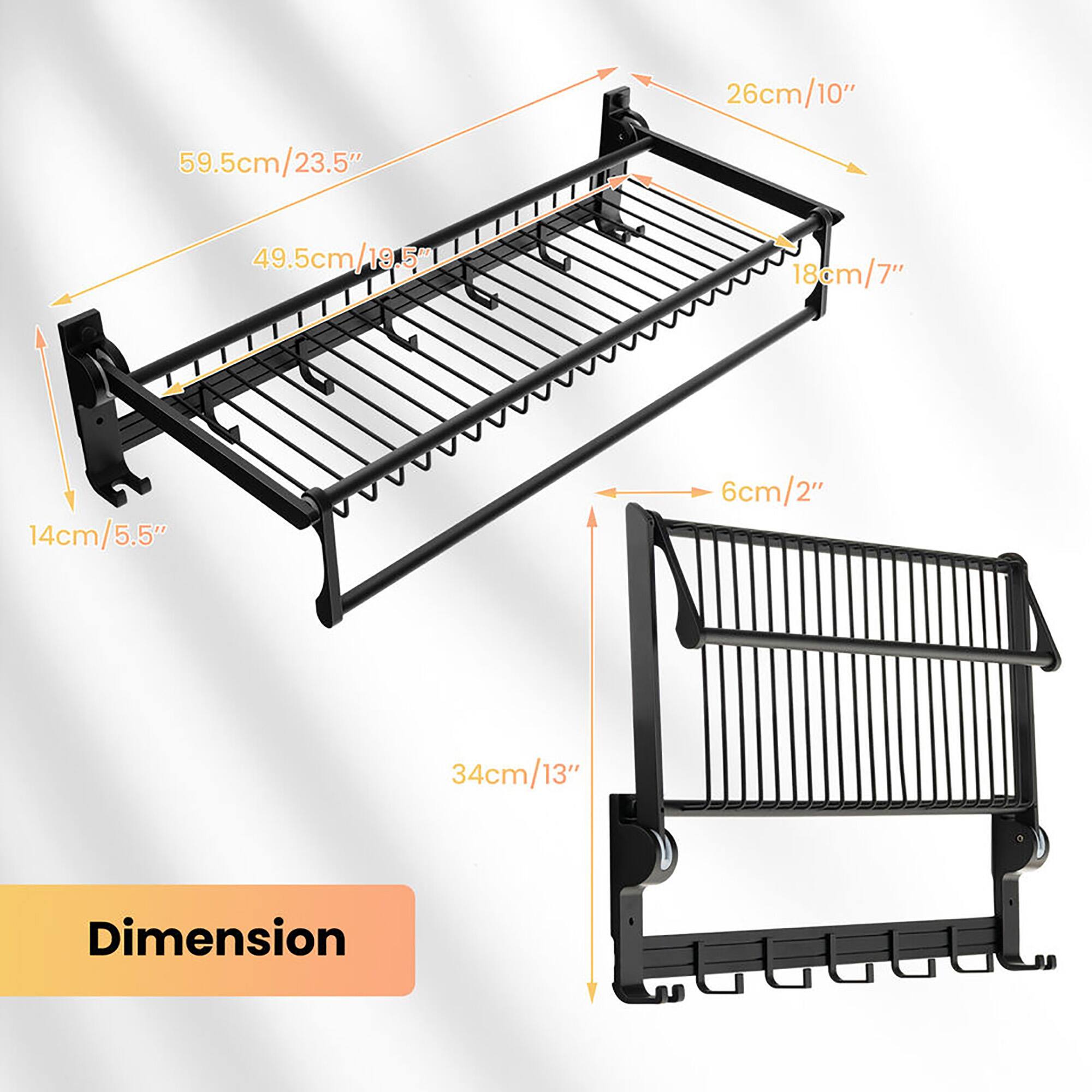 - 26cm/10"
- 59.5cm/23.5"
- 49.5cm/19.5"
- 18cm/7"
- 14cm/5.5"
- 6cm/2"
- 34cm/13"

Dimension