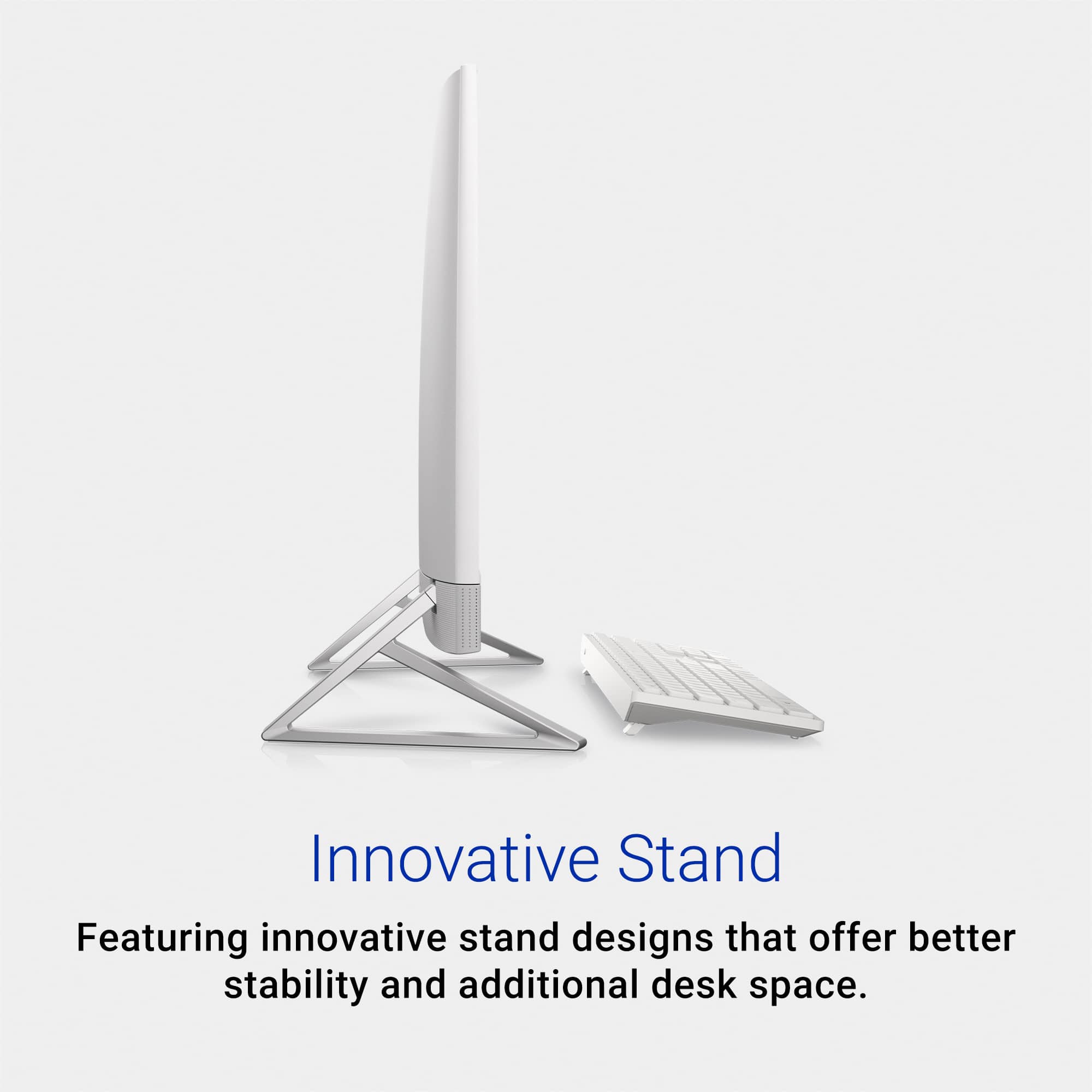 The image features an innovative stand that offers better stability and additional desk space.