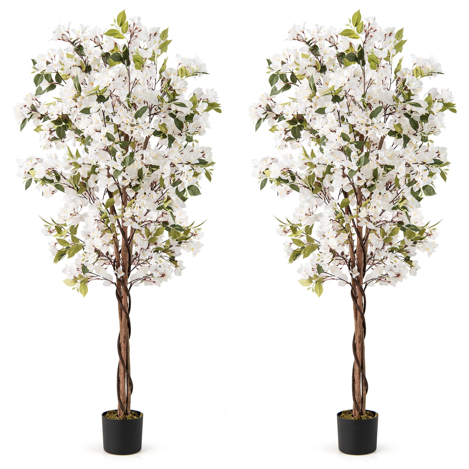 Gymax - 2PCS 6 FT Artificial Bougainvillea Tree w/910 Flowers 105 Leaves Wood Trunk - White