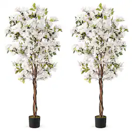 Gymax - 2PCS 6 FT Artificial Bougainvillea Tree w/910 Flowers 105 Leaves Wood Trunk - White