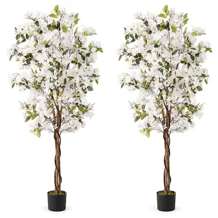 Front. Gymax - Gymax 2PCS 6 FT Artificial Bougainvillea Tree w/910 Flowers 105 Leaves Wood Trunk - White.