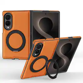 Dteck - Leather Case for Samsung Galaxy Z Fold 8,Shockproof Compatible with Mag Safe 360 Rotation Ring Kickstand Cover - Orange