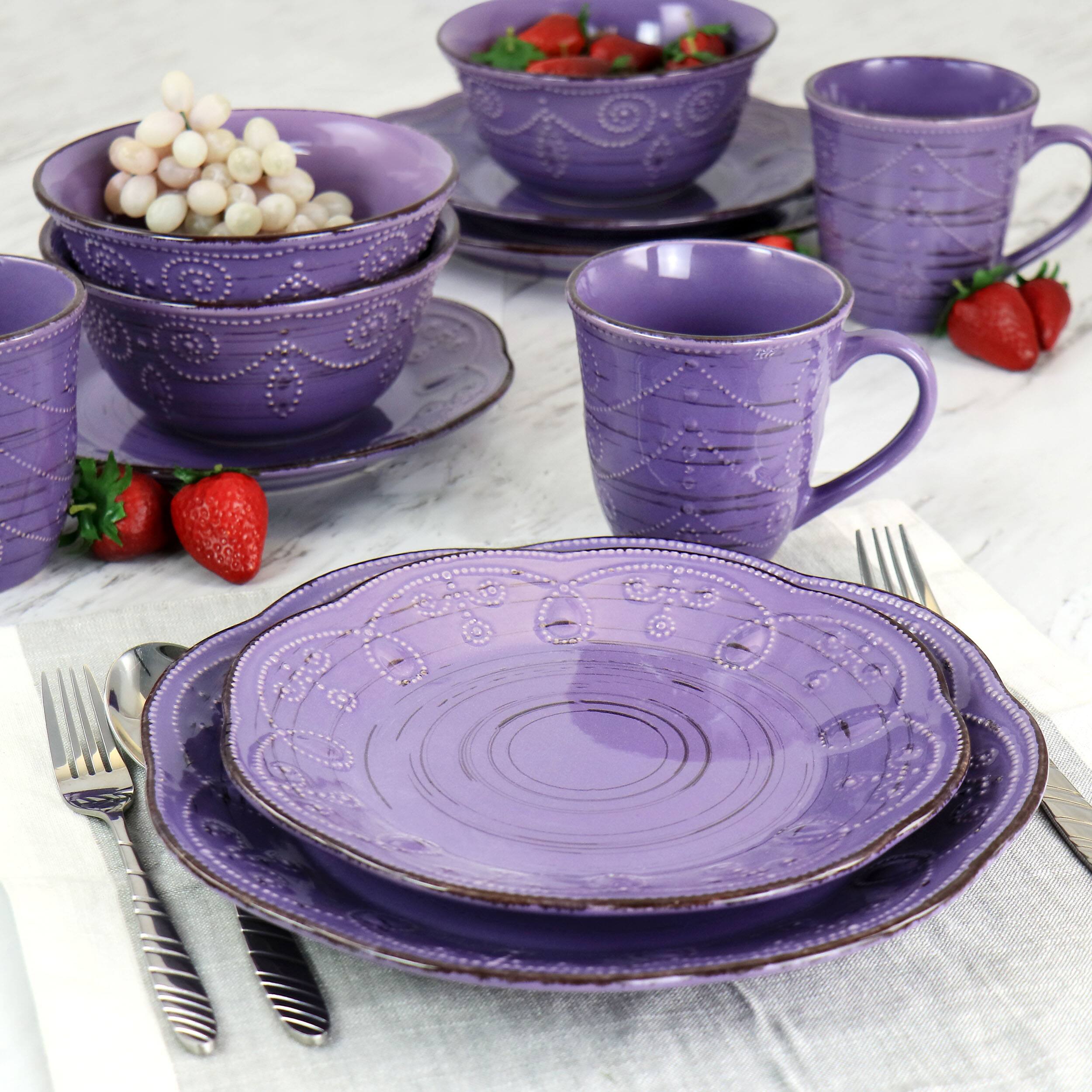 Alt View 8. Elama - Elama Rustic Birch 16 Piece Stoneware Dinnerware Set in Purple - Purple.