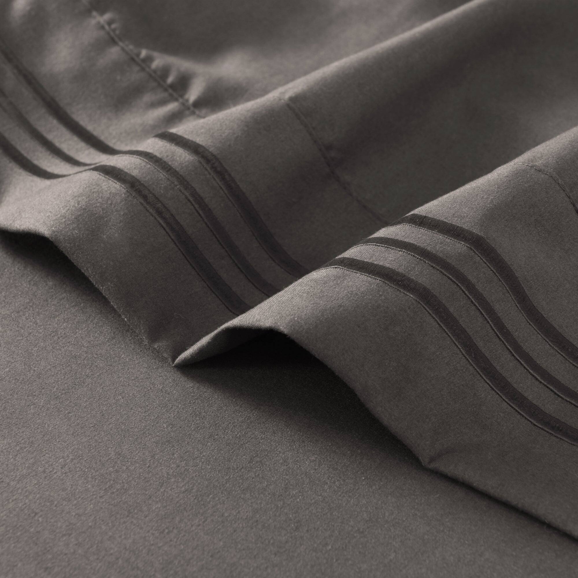 Back. MarCielo - Marcielo 3/4 Pcs Soft Solid & Embroidery Bed Sheets Set - Dark Grey.