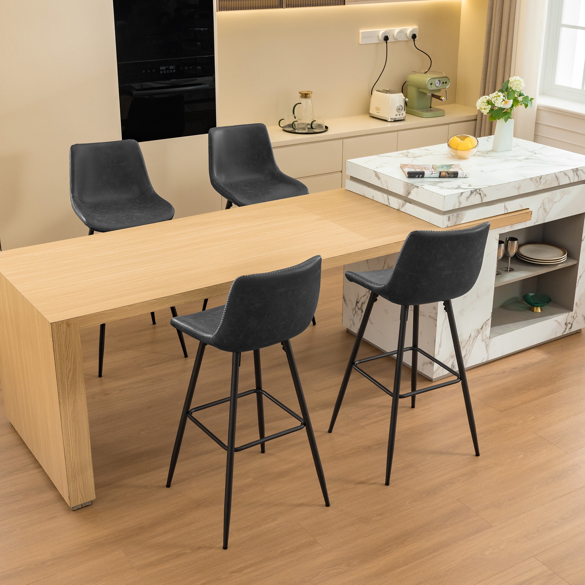 KERDOM - 28‘’ Height Kitchen Island Chairs Set of 2 Bar Chair, Waterproof PU Leather Kitchen High Chair Counter Stool Rubber Feet - Stone Grey - 4pcs