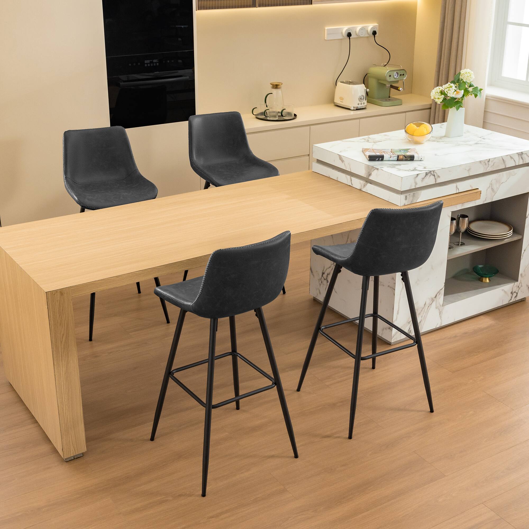 Front. KERDOM - 28‘’ Height Kitchen Island Chairs Set of 2 Bar Chair, Waterproof PU Leather Kitchen High Chair Counter Stool Rubber Feet - Stone Grey - 4pcs.