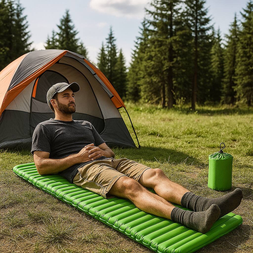 Angle. BreeBe - Waterproof 3-Inch Inflatable Camping Mattress for Outdoor Sleeping - Green.