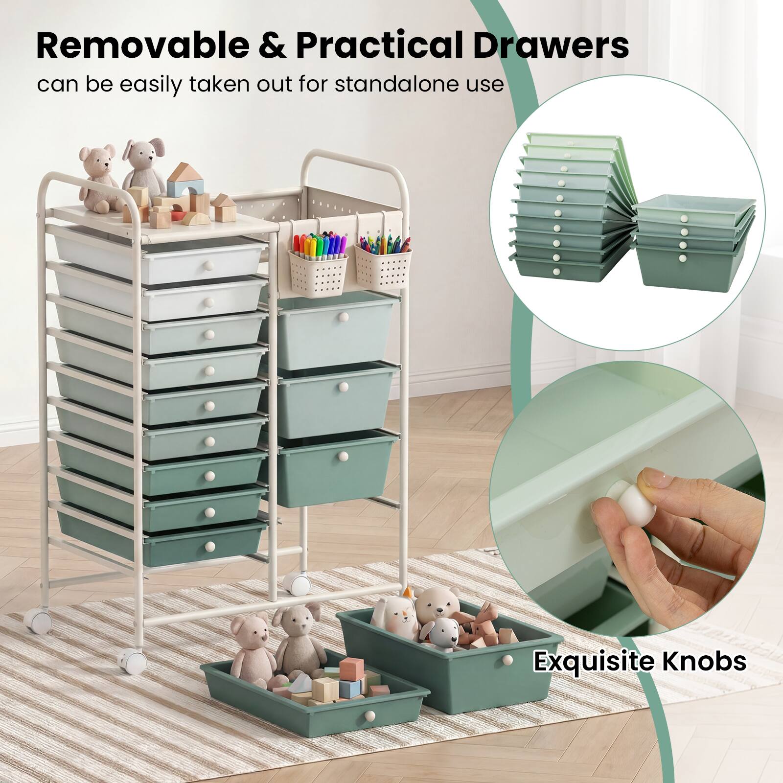 Removable & Practical Drawers can be easily taken out for standalone use  
Exquisite Knobs