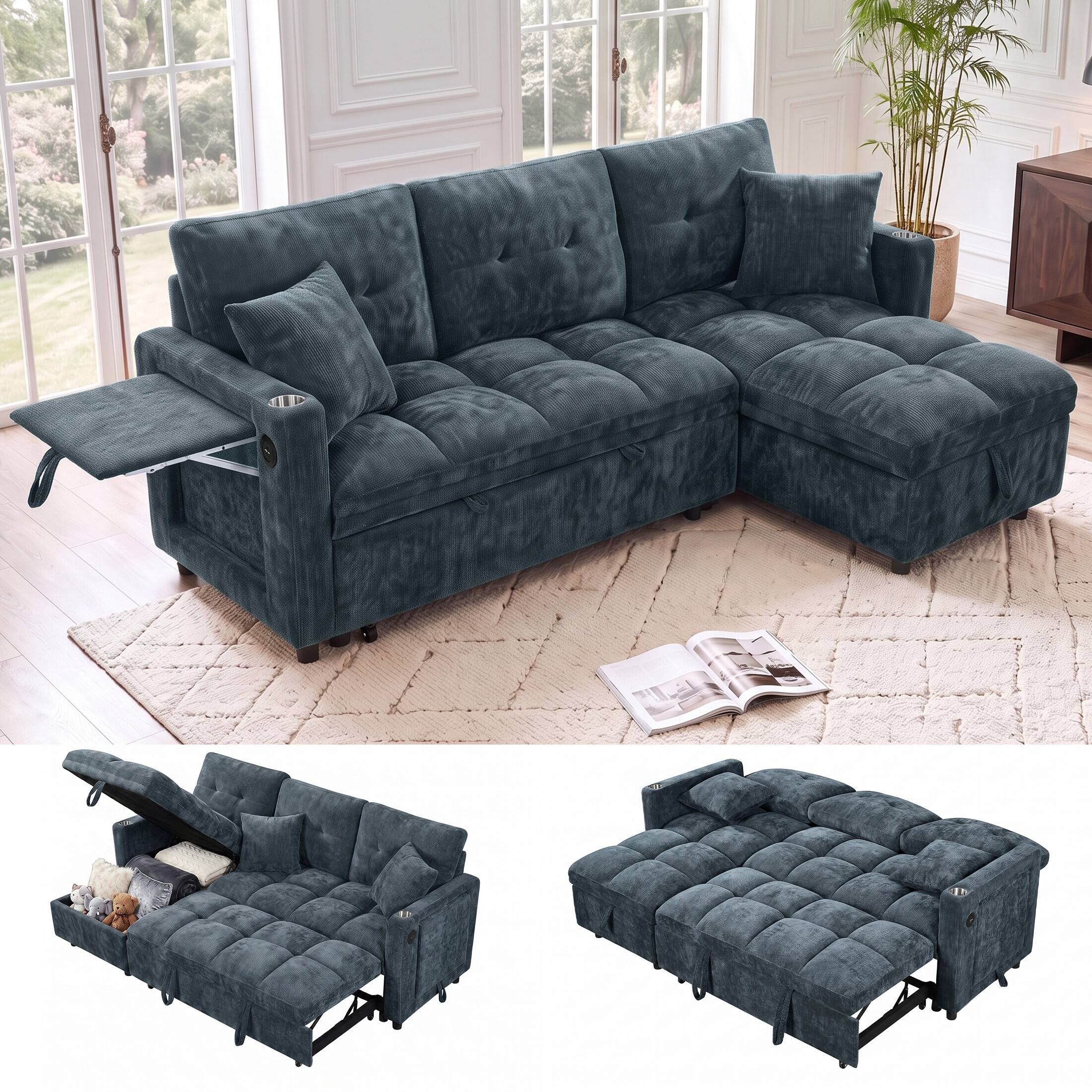 Angle. Anysun - Sectional Sleeper Sofa w/ Pull-Out Bed, Chenille Cloud Couch, Storage Chaise, USB, L-Shape Modular, Apartment - Blue.