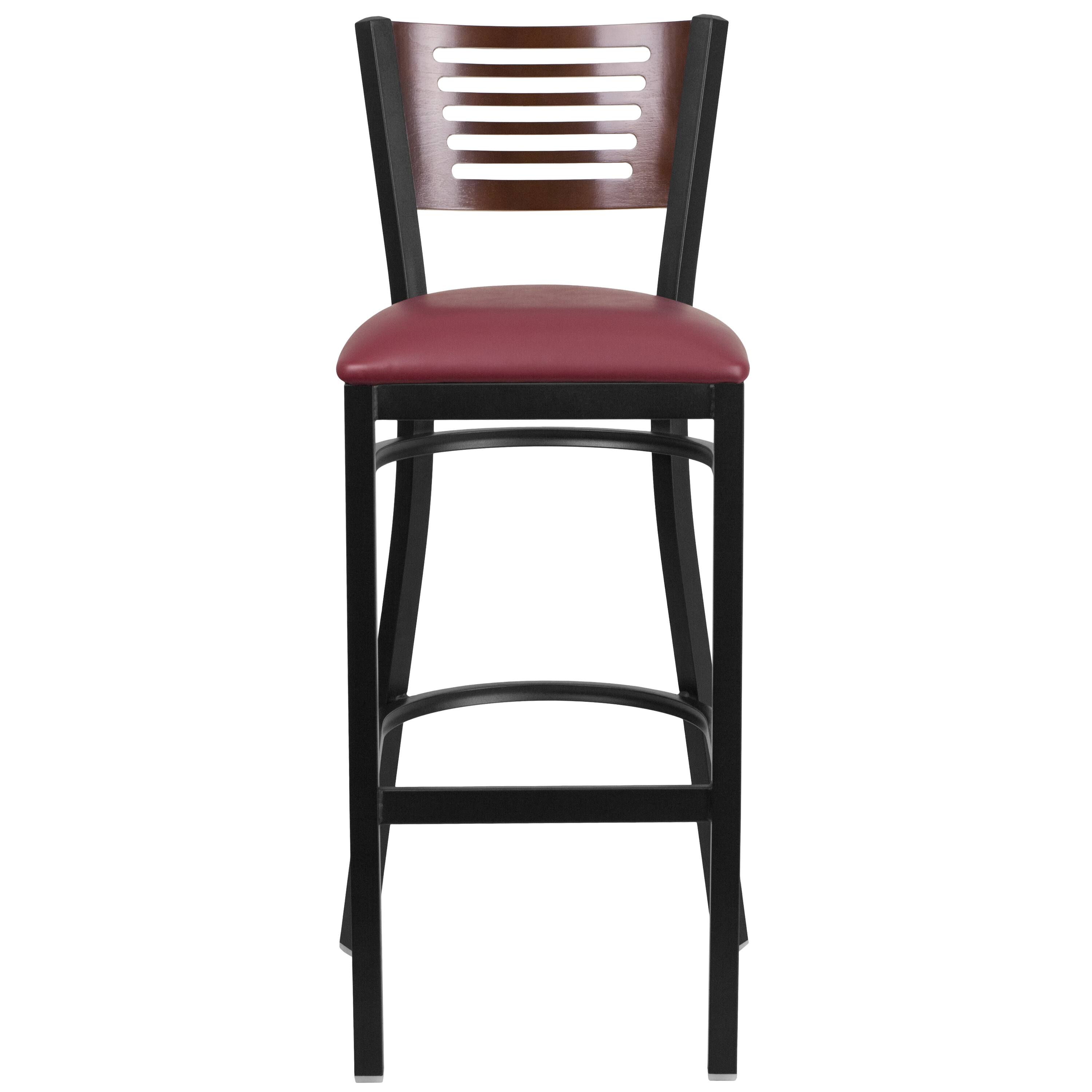 Alt View 5. Emma + Oliver - Decorative Slat Back Metal Restaurant Dining Barstool - Walnut Wood Back/Burgundy Vinyl Seat/Black Metal.