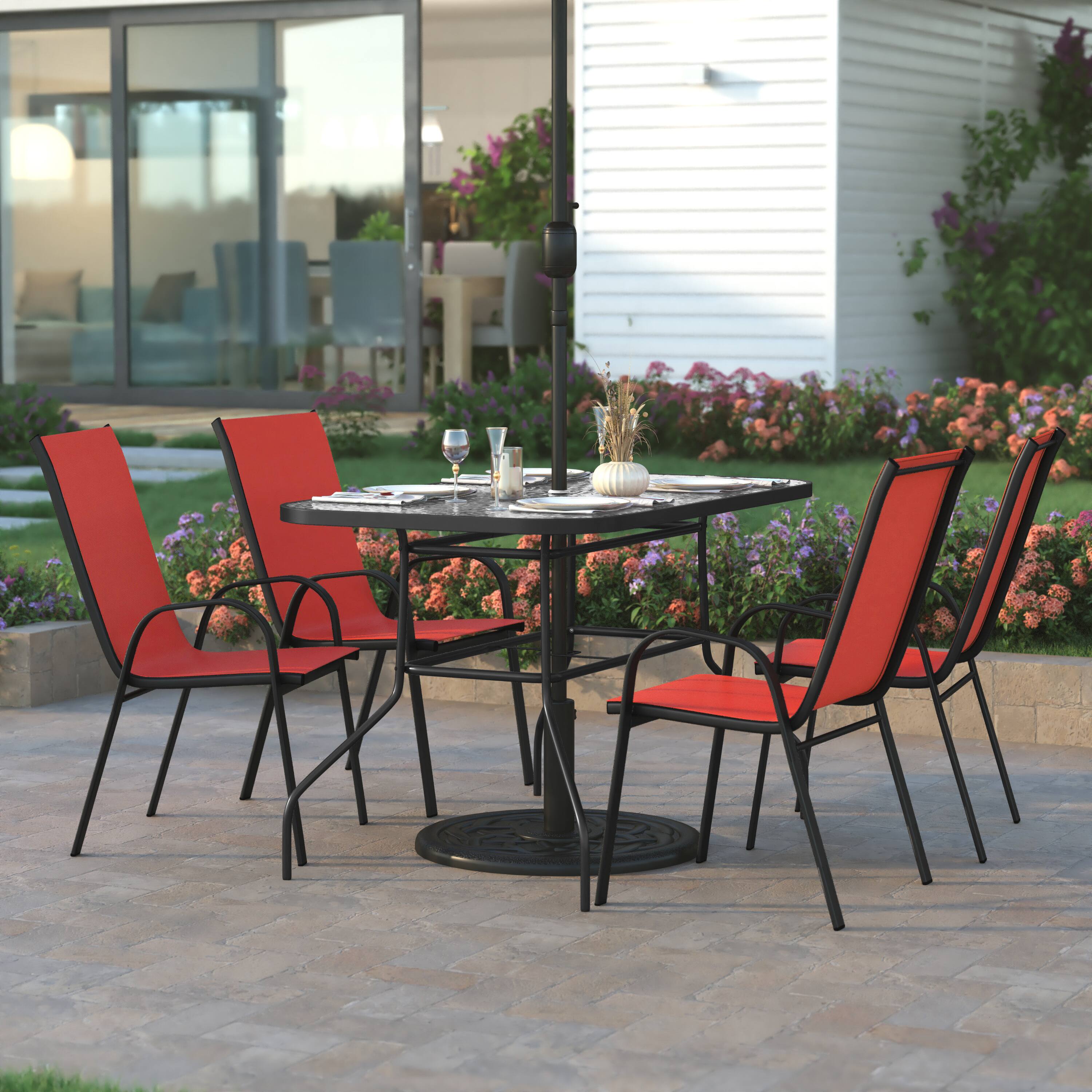 Alt View 1. Emma + Oliver - Bartlett 5 Piece Outdoor Dining Set with Tempered Glass Top Patio Table and 4 Flex Comfort Textilene Stacking Chairs - Red.