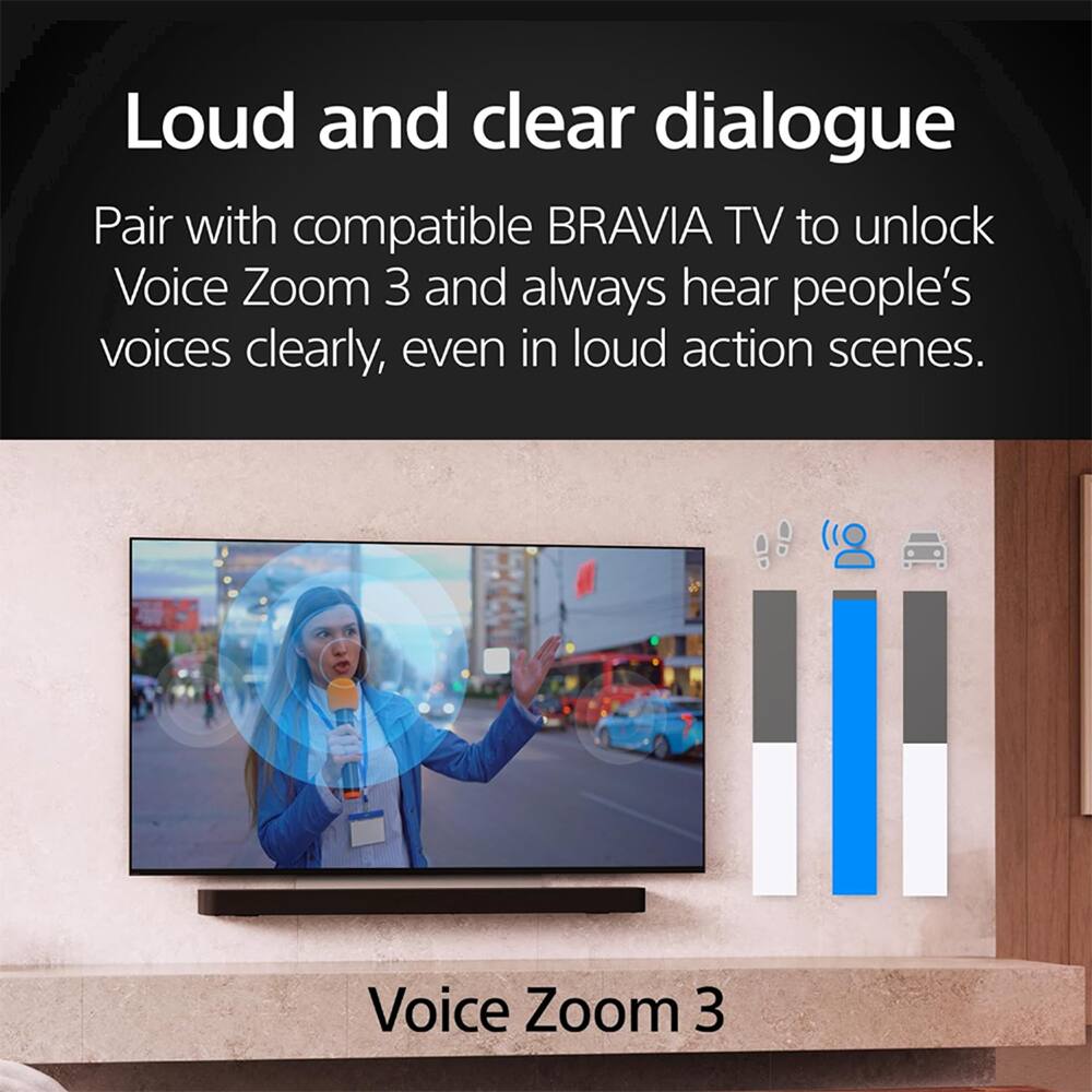 Loud and clear dialogue

Pair with compatible BRAVIA TV to unlock Voice Zoom 3 and always hear people's voices clearly, even in loud action scenes.

Voice Zoom 3