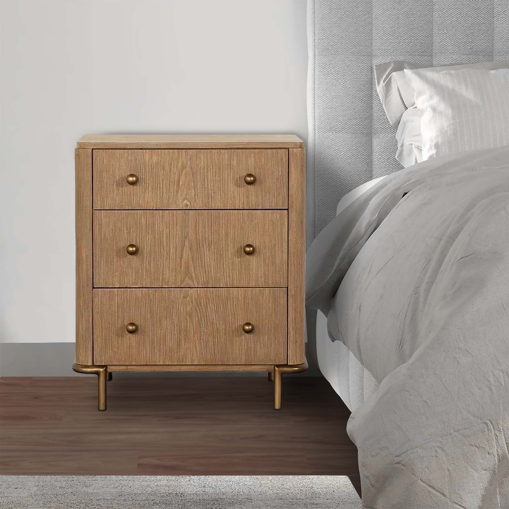 Alt View 2. Manhattan Lane - Hiz 29 Inch 3 Drawer Nightstand with Dual USB Ports, Brass Legs - Brown, Brass.
