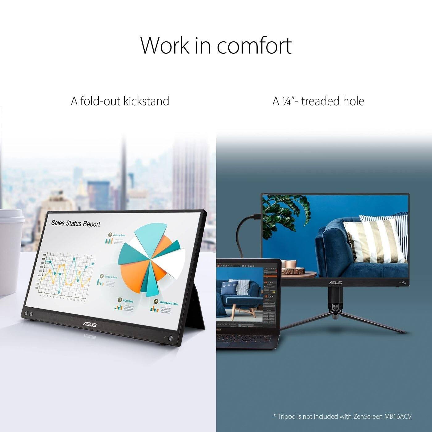 Work in comfort

A fold-out kickstand

A 1/4"-treaded hole

Sales Status Report

*Tripod is not included with ZenScreen MB16ACV