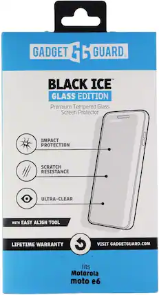 GADGET GUARD
BLACK ICE™
GLASS EDITION
Premium Tempered Glass Screen Protector
- IMPACT PROTECTION
- SCRATCH RESISTANCE
- ULTRA-CLEAR
WITH EASY ALIGN TOOL
LIFETIME WARRANTY
VISIT GADGETGUARD.COM
fits
Motorola moto e6