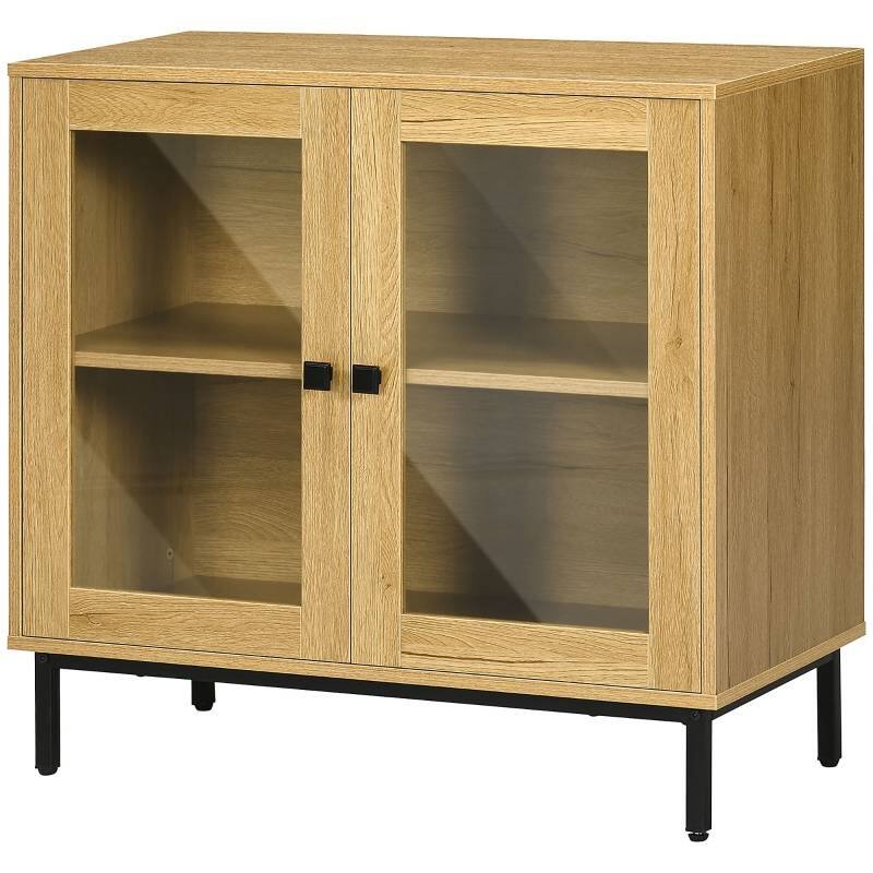 Front. Hivvago - Modern Glass Door Sideboard Buffet Dining Storage Cabinet in Oak Wood Finish - Oak.