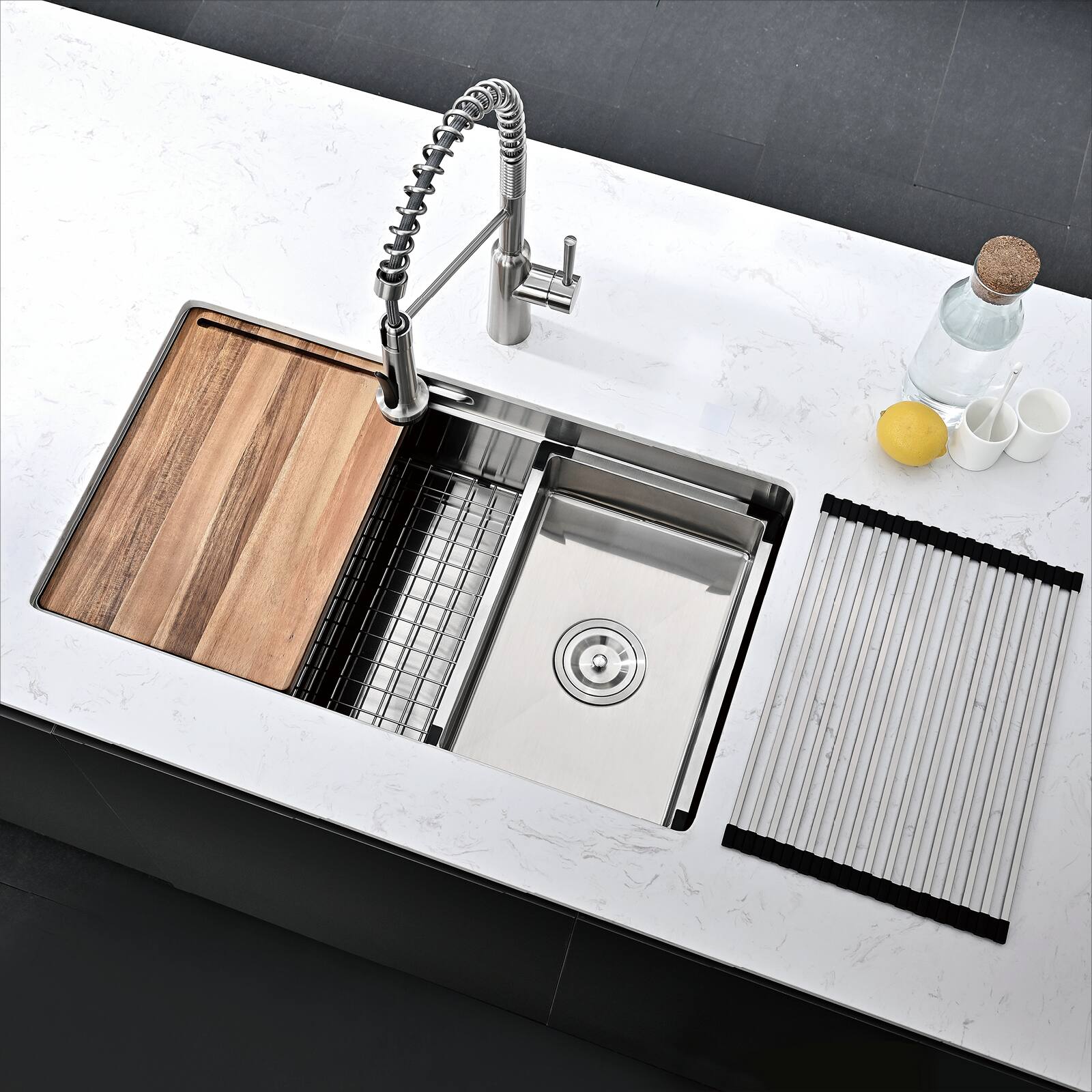 Angle. Akicon - Akicon 32 in. Undermount Workstation Single Bowl 18-Gauge Kitchen Sink and Faucet with Grid, Board and Accessories - Silver.