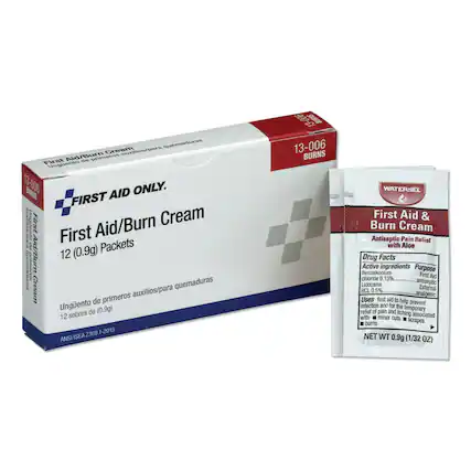 First Aid/Burn Cream
12 (0.9g) Packets
Ungüento de primeros auxilios/para quemaduras
12 sobres de (0.9g)
First Aid Only.
First Aid/Burn Cream
Antiseptic Pain Relief with Aloe
Active ingredients:
- Benzalkonium chloride 0.13%
- Lidocaine HCl 0.5%
Purpose:
- First Aid
- Antiseptic
- External analgesic
Uses:
- First aid to help prevent infection and for the temporary relief of pain and itching associated with minor cuts, scrapes, and burns
Net WT 0.9g (1/32 OZ)
ANSI/ISEA Z308.1-2015
13-006 BURNS
WATERJEL
First Aid & Burn Cream
Antiseptic Pain Relief with Aloe
Drug Facts
Active ingredients:
- Benzalkonium chloride 0.13%
- Lidocaine HCl 0.5%
Purpose:
- First Aid
- Antiseptic
- External analgesic
Uses:
-