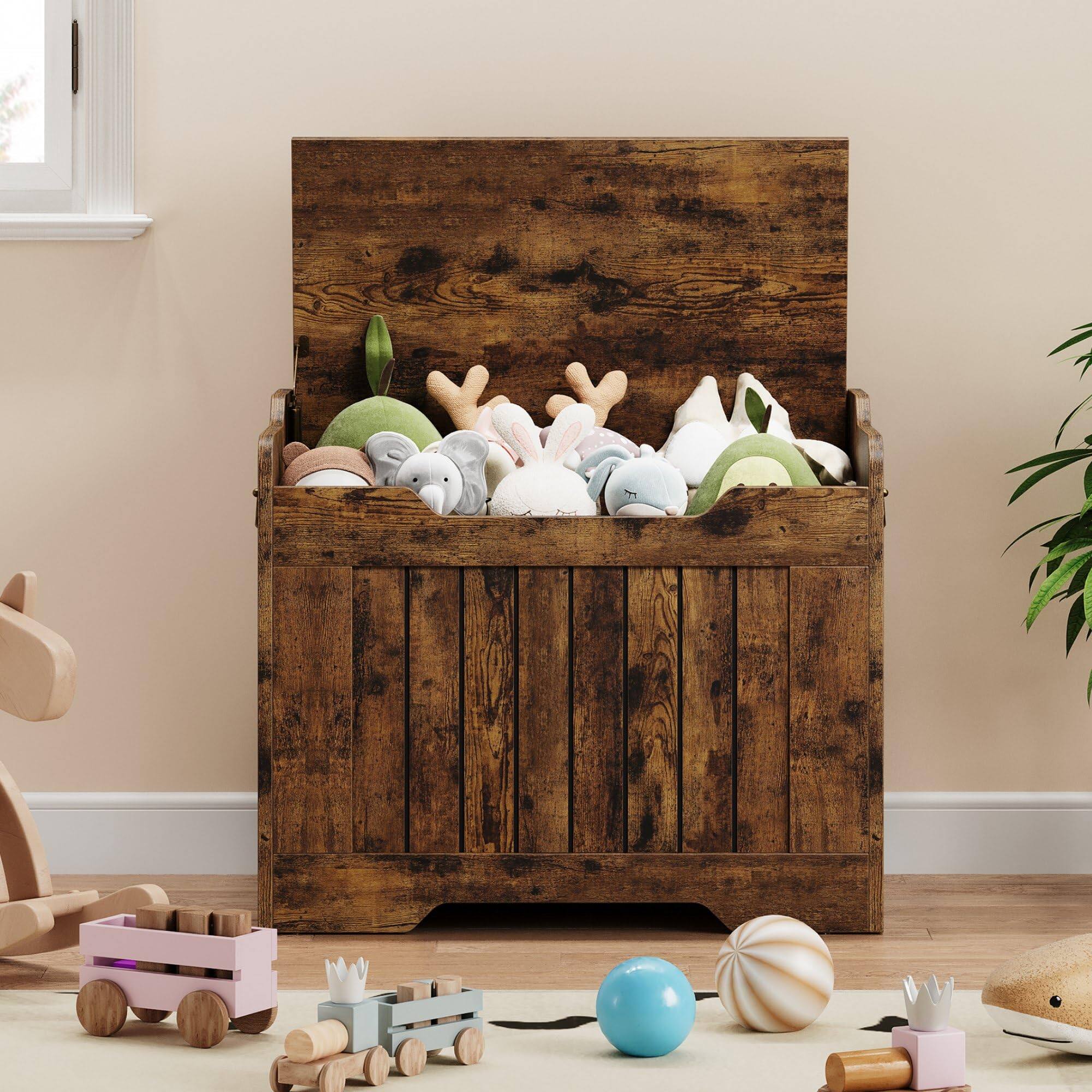 Left. Jojoka - Wooden Storage Bench with Safety Hinge, Flip Top Blanket Chest Trunks, Supports 350 Lb, for Entryway - Brown.