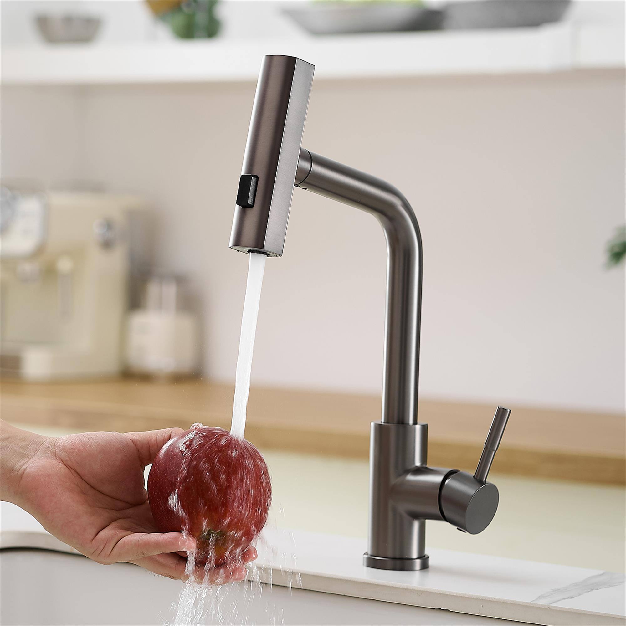 Alt View 7. Boyel Living - Gun Grey Finish Single Handle Pull Out Kitchen Faucet Waterfall Style with Dual Spray Modes - Gun grey.