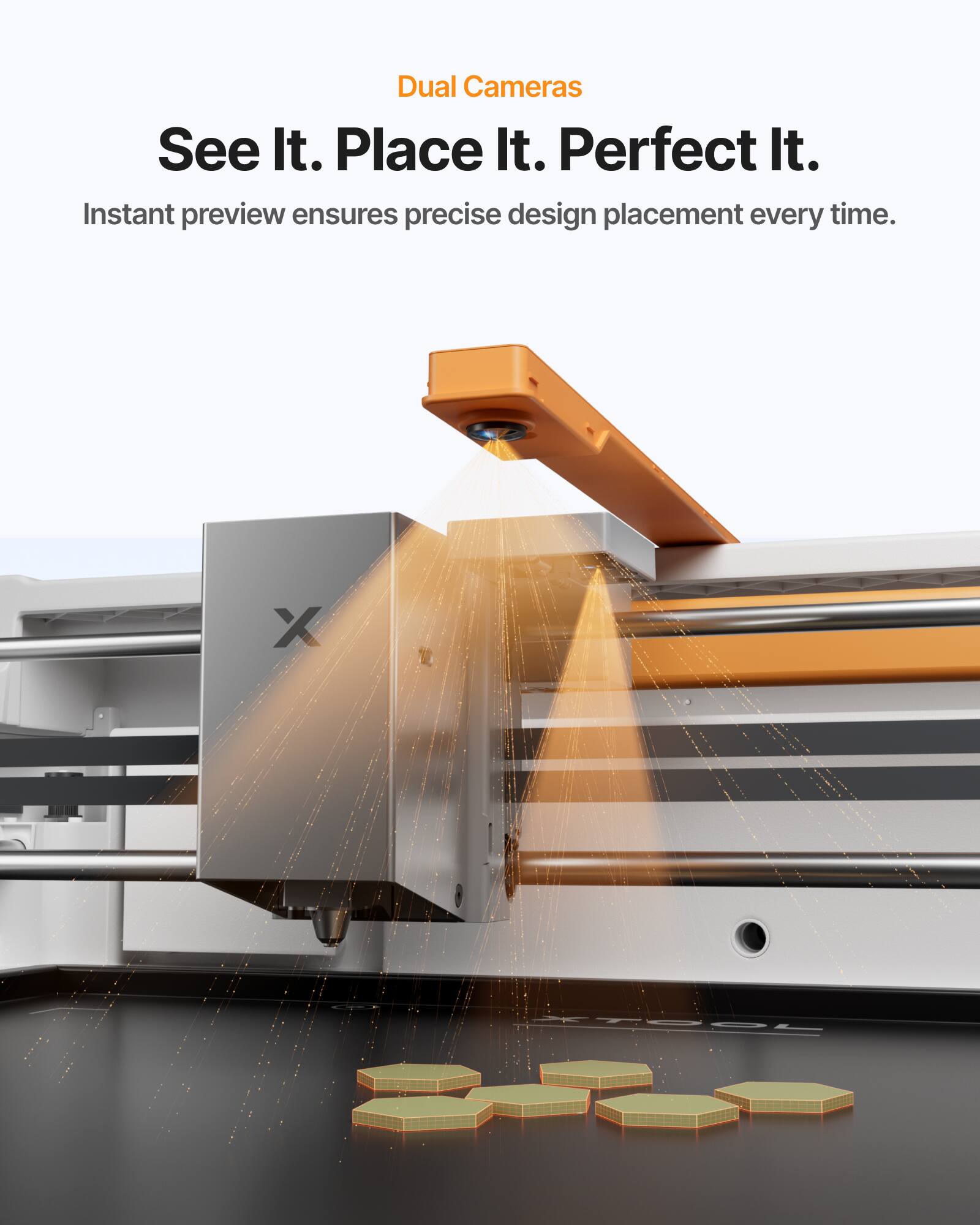 Dual Cameras  
See It. Place It. Perfect It.  
Instant preview ensures precise design placement every time.