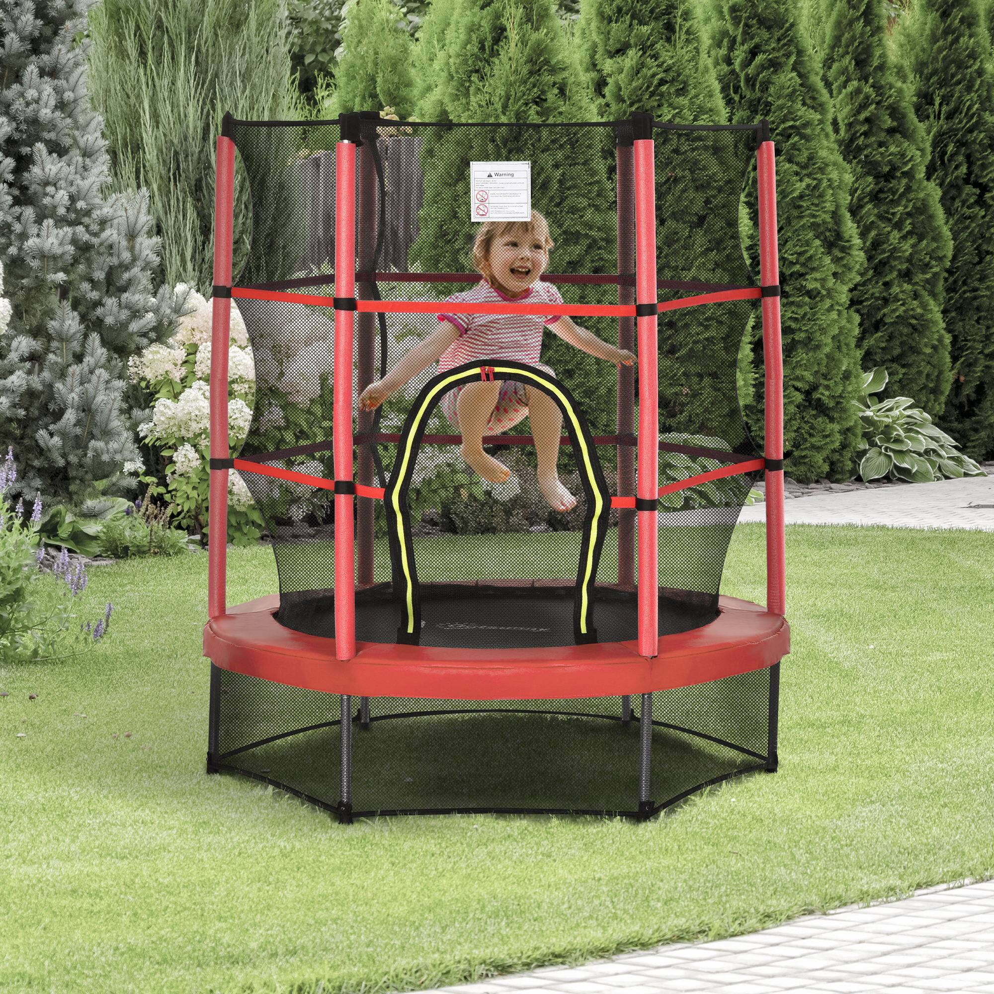 Angle. Outsunny - 5FT Trampoline, 55" Mini Trampoline, Enclosure Net, Safety Pad, Steel Frame, Gift - Red.
