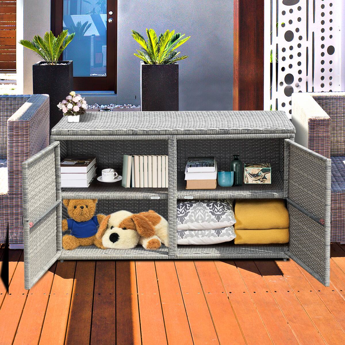 Alt View 2. Gymax - Gymax 88 Gallon Rattan Storage Box Outdoor Patio Container Seat w/ Shelf Door - Grey.