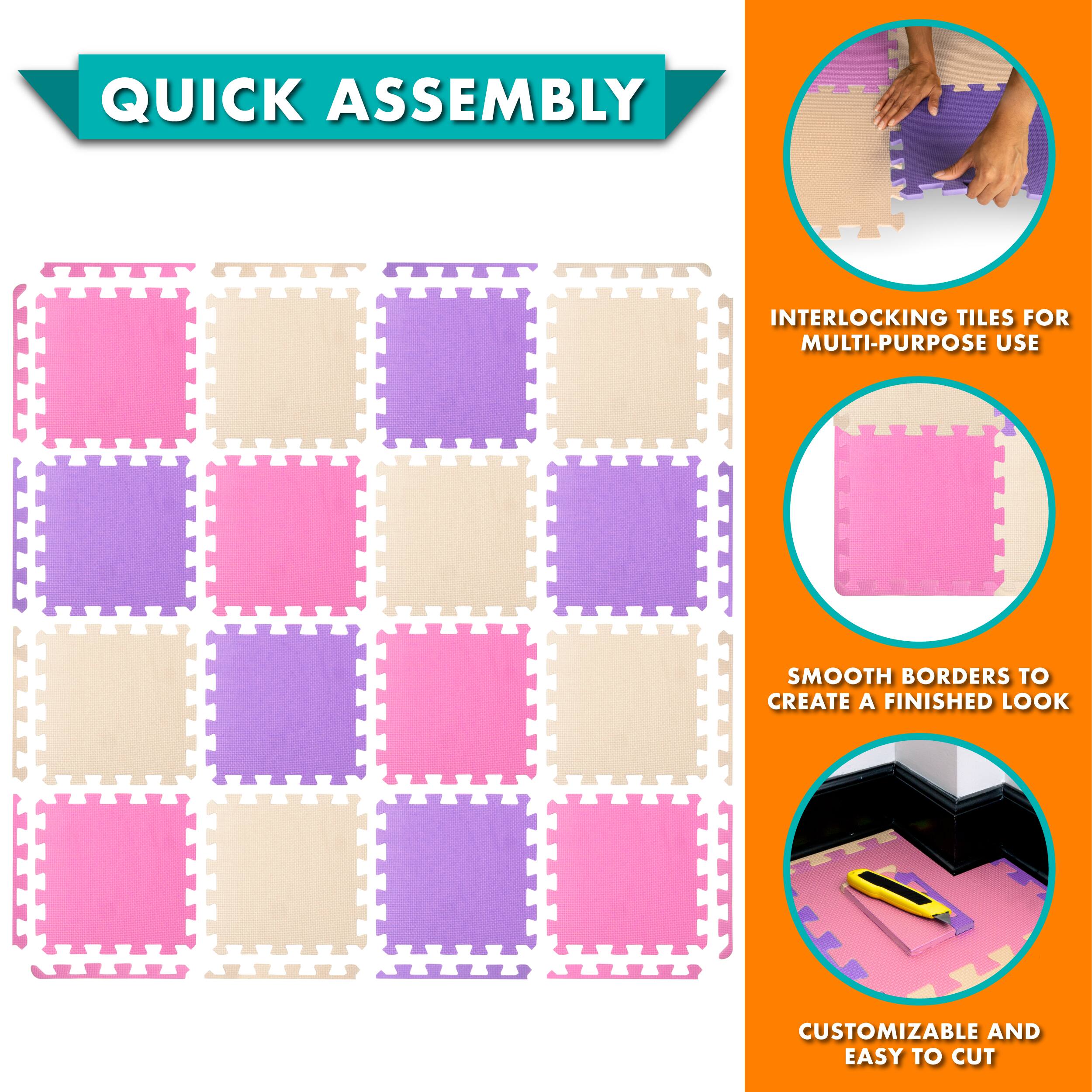 QUICK ASSEMBLY INTERLOCKING TILES FOR MULTI-PURPOSE USE! CREATE A SMOOTH FINISHED BORDERS LOOK TO CUSTOMIZABLE AND EASY TO CUT.