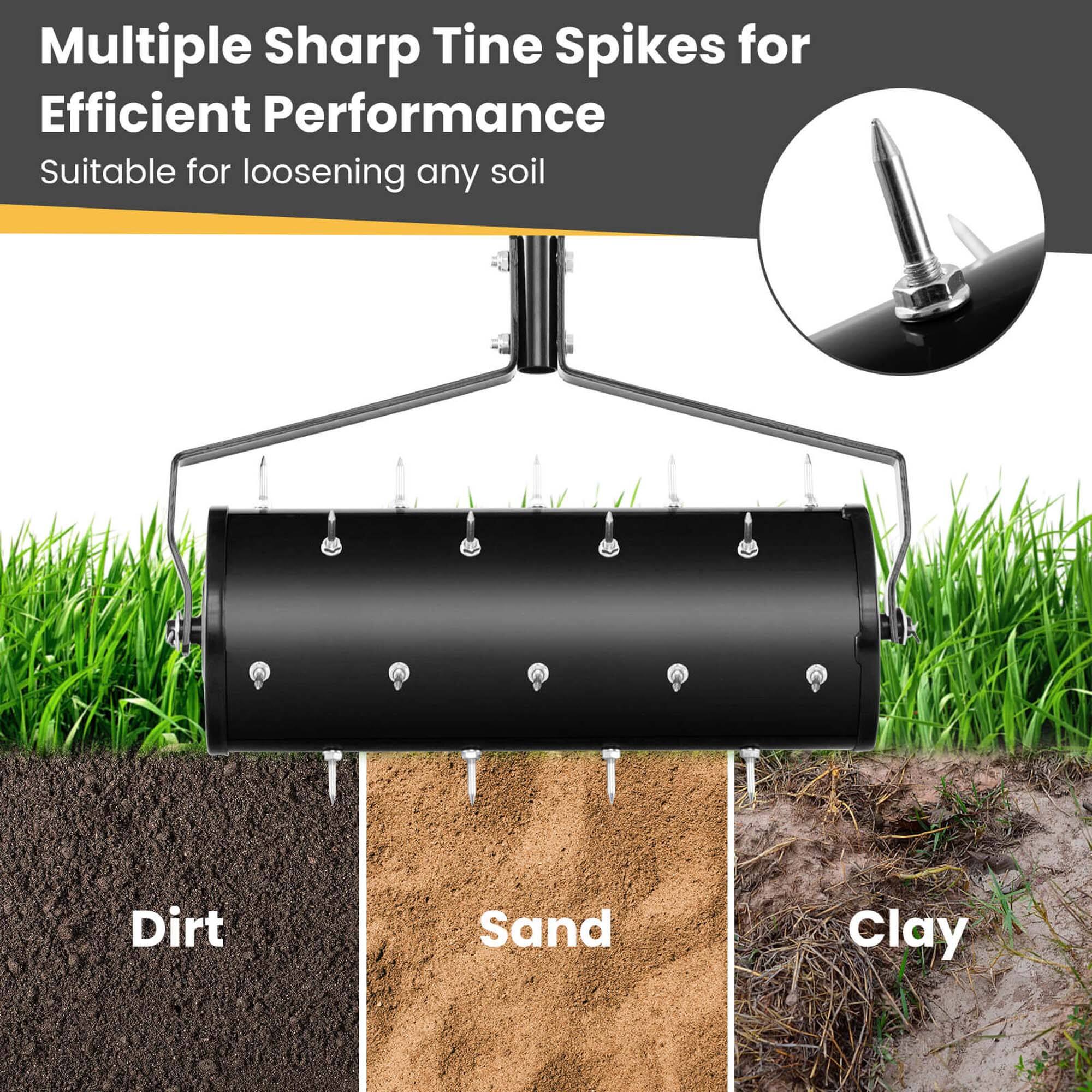 Multiple Sharp Tine Spikes for Efficient Performance  
Suitable for loosening any soil  
- Dirt  
- Sand  
- Clay