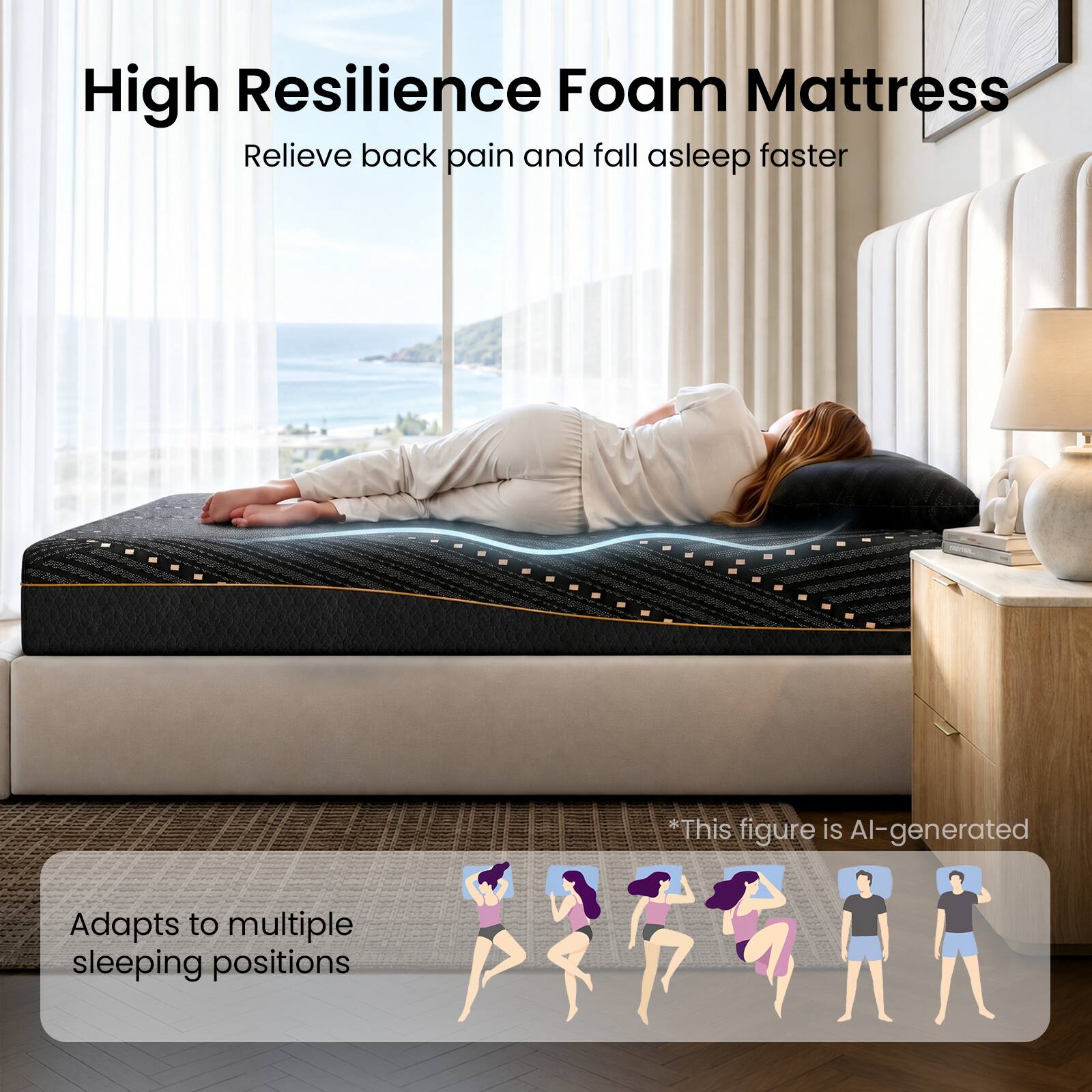 High Resilience Foam Mattress  
Relieve back pain and fall asleep faster  

Adapts to multiple sleeping positions  

*This figure is AI-generated