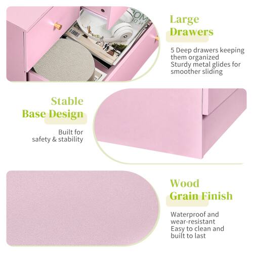 - Large Drawers: 5 Deep drawers keeping them organized. Sturdy metal glides for smoother sliding.
- Stable Base Design: Built for safety & stability.
- Wood Grain Finish: Waterproof and wear-resistant. Easy to clean and built to last.
