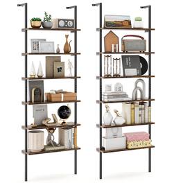 Gymax - 2 PCS 6-tier Ladder Shelf 72 Inches Industrial Wall Mounted Bookshelf Brown - Rustic Brown