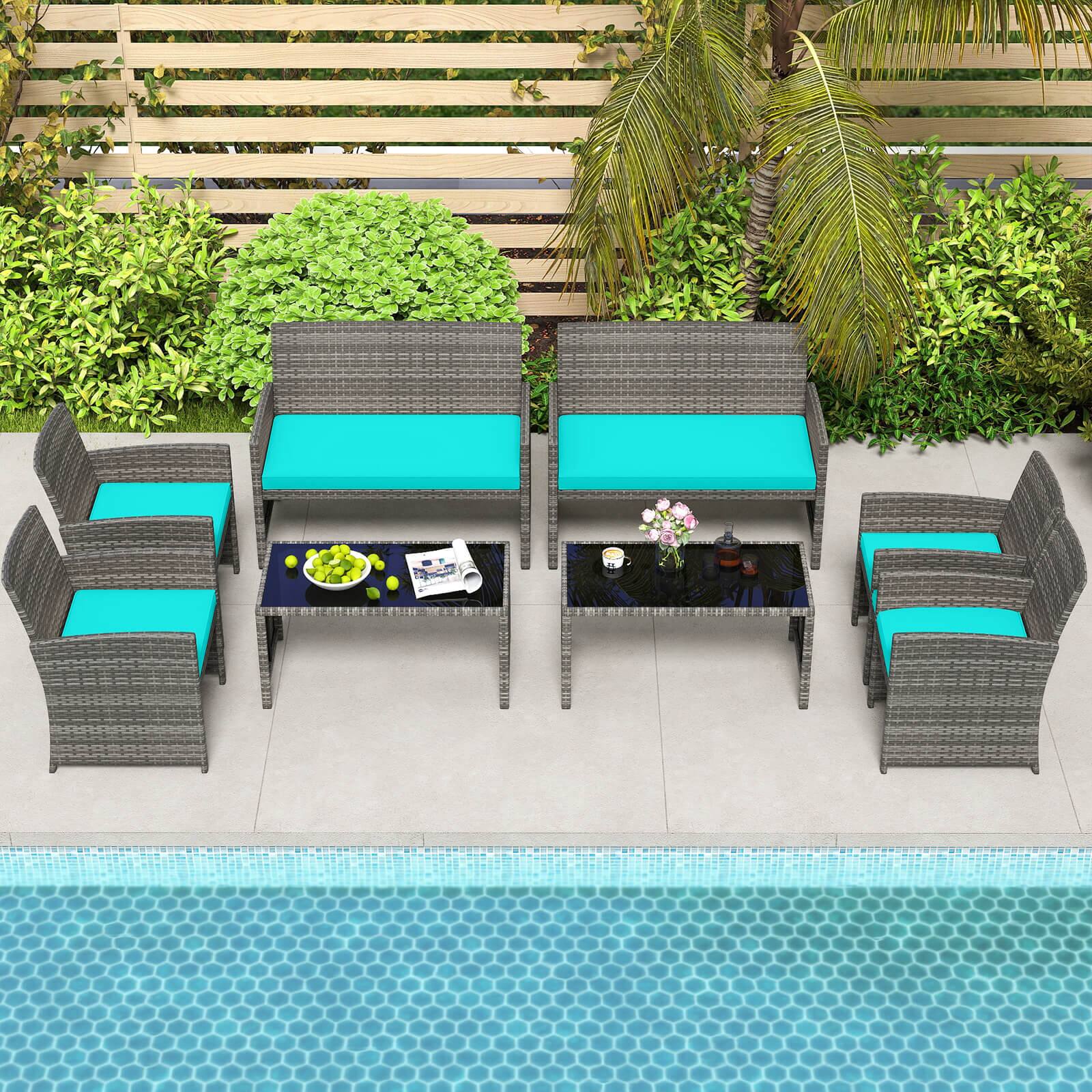 Alt View 4. Costway - Costway 4 PCS Patio Conversation Set with Seat Cushions & Tempered Glass Tabletop, Outdoor - Turquoise,Gray.