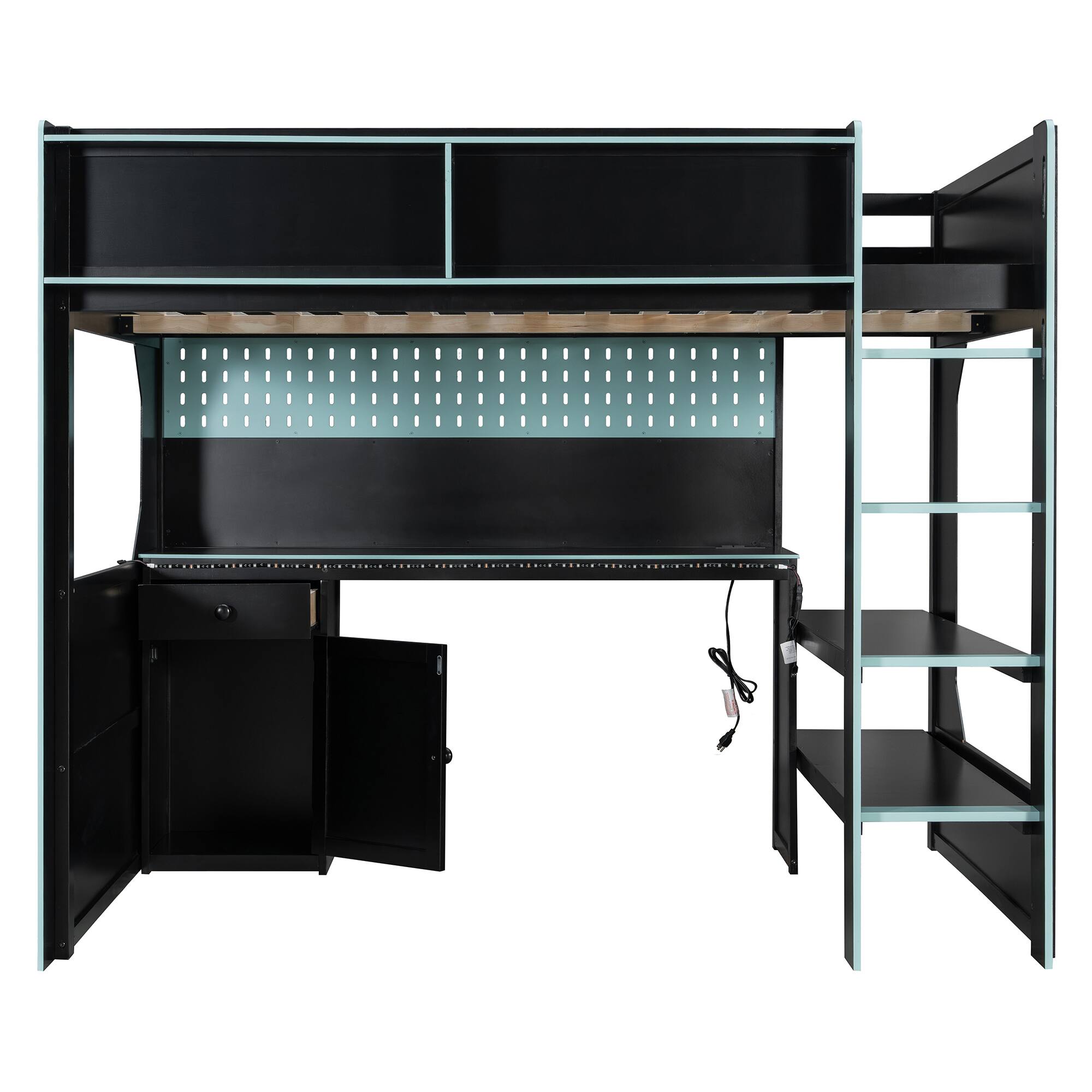 Back. Whisen - Gaming Loft Bed with Desk, RGB LED Lights, Charging Station & Storage, Sturdy Wood Frame - Black|Blue.