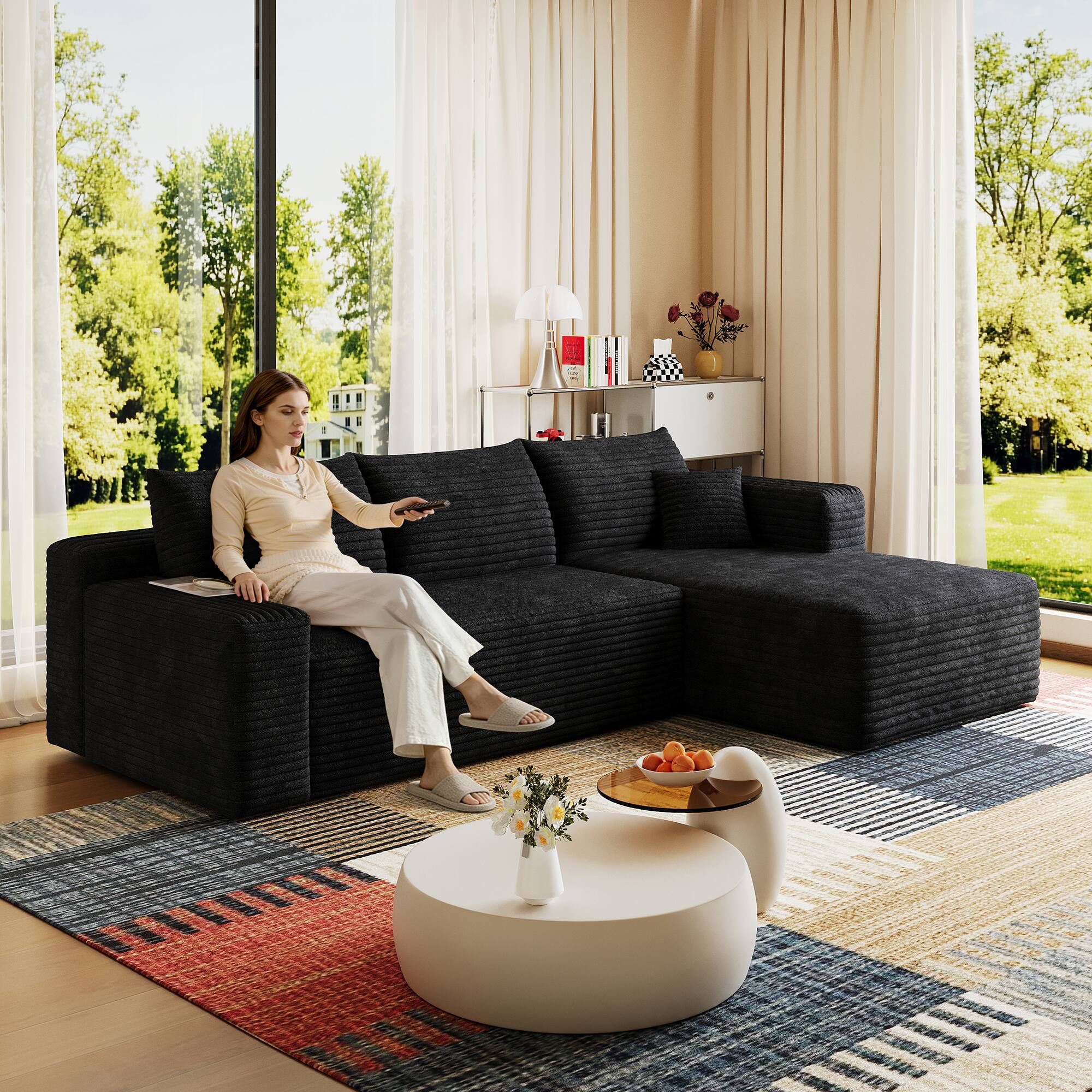 Alt View 4. Meqiodas - 95" Cloud Sectional Sofa, Comfort L Shaped Couch for Living Room,Deep Seat Corner Couch,No Assembly Required - Black.