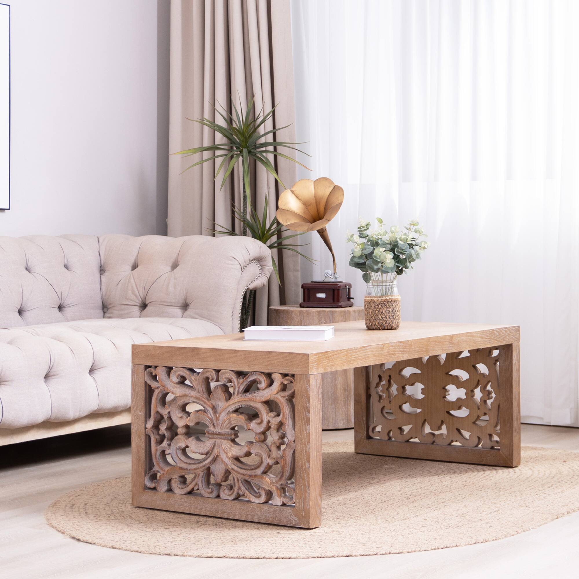 Angle. GOODSILO - Handcrafted Rustic Wood Coffee Table with Ornate Side Panels and Natural Finish - Natural.