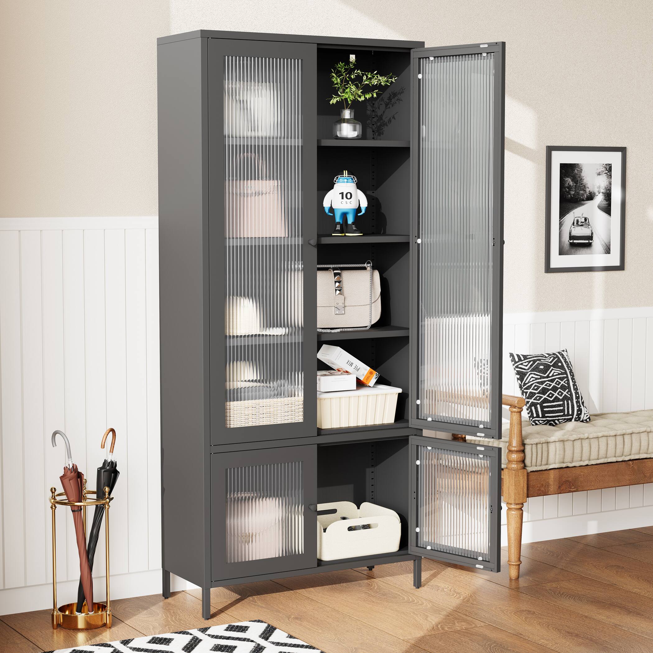 Angle. GOODSILO - Large Metal Display Cabinet - Fluted Glass Doors, 5 Shelves, Black - Black.