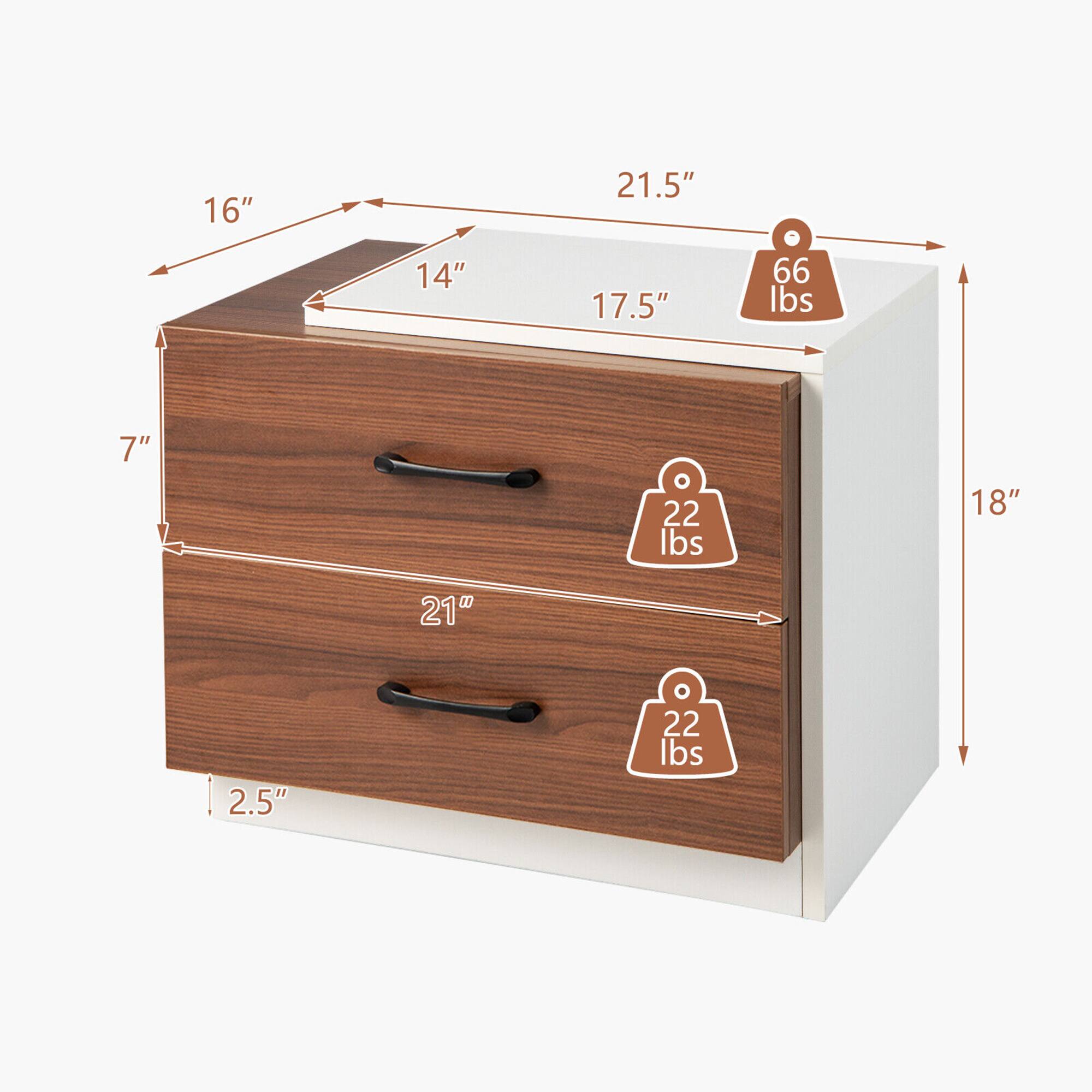 The dimensions and weight capacity of the cabinet are as follows:

- Width: 16"
- Depth: 14"
- Height: 21.5"
- Overall height: 17.5"
- Weight capacity: 66 lbs
- Drawer 1 height: 7"
- Drawer 1 weight capacity: 22 lbs
- Drawer 2 height: 11"
- Drawer 2 weight capacity: 22 lbs
- Drawer 3 height: 2.5"
- Drawer 3 weight capacity: 22 lbs
- Total height of drawers: 21"
- Total depth of drawers: 18"
