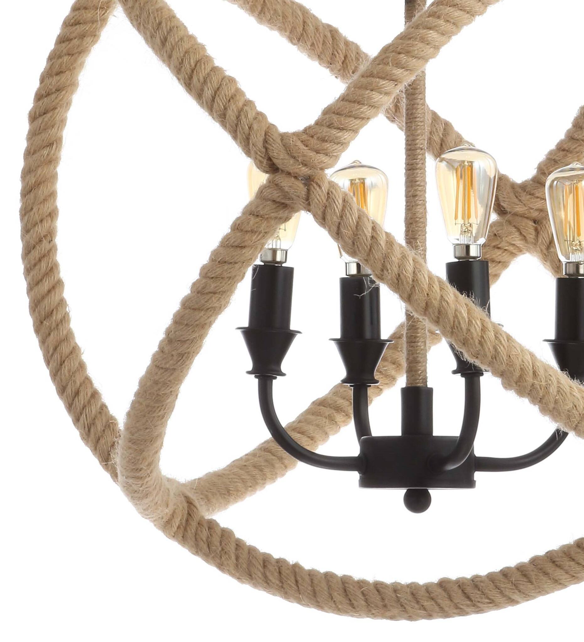 Alt View 3. Jonathan Y - Soka 4-Light 20" Adjustable Globe Metal/Rope LED Pendant, Black/Brown - Black/Brown.
