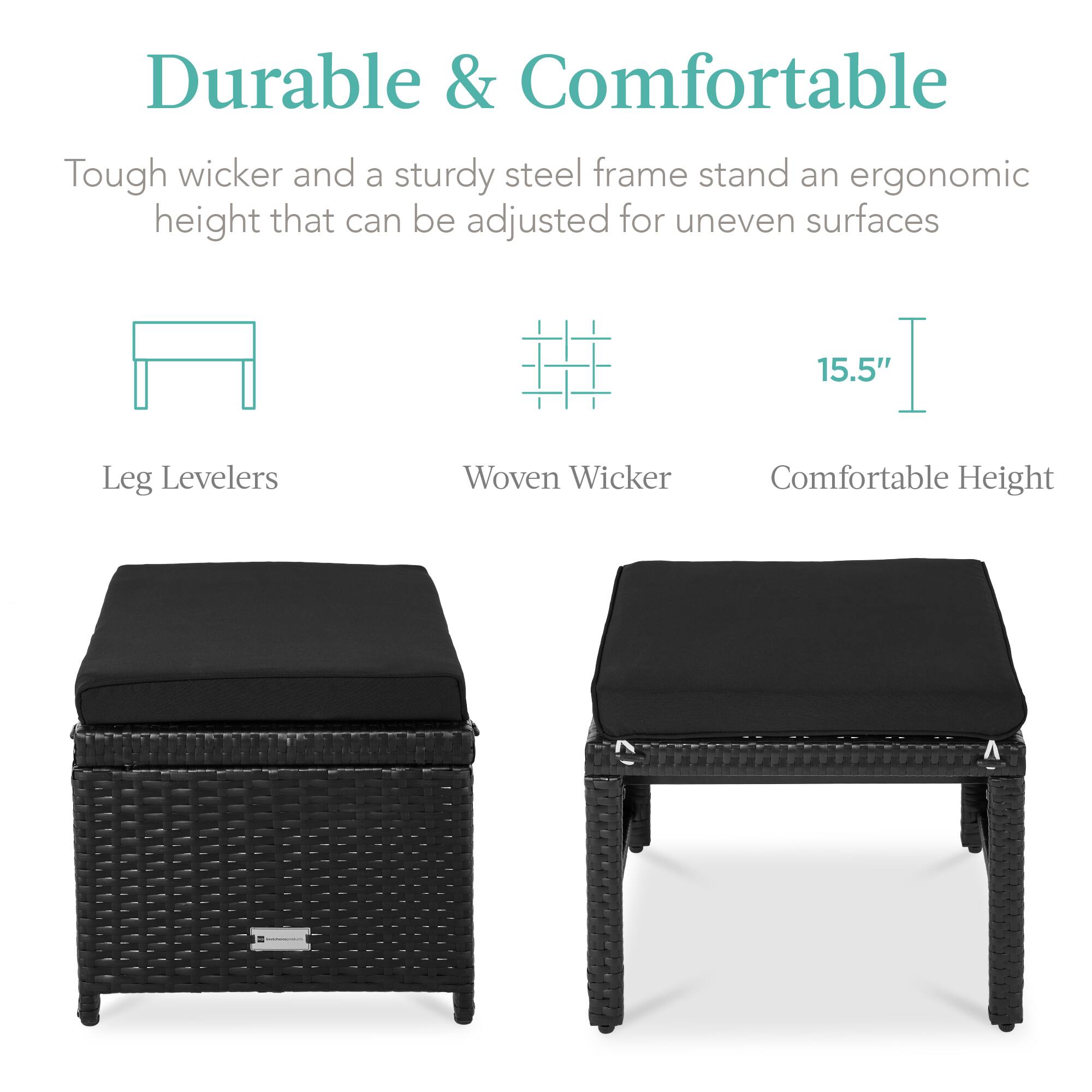 Durable & Comfortable

Tough wicker and a sturdy steel frame stand an ergonomic height that can be adjusted for uneven surfaces

- Leg Levelers
- Woven Wicker
- Comfortable Height

15.5"